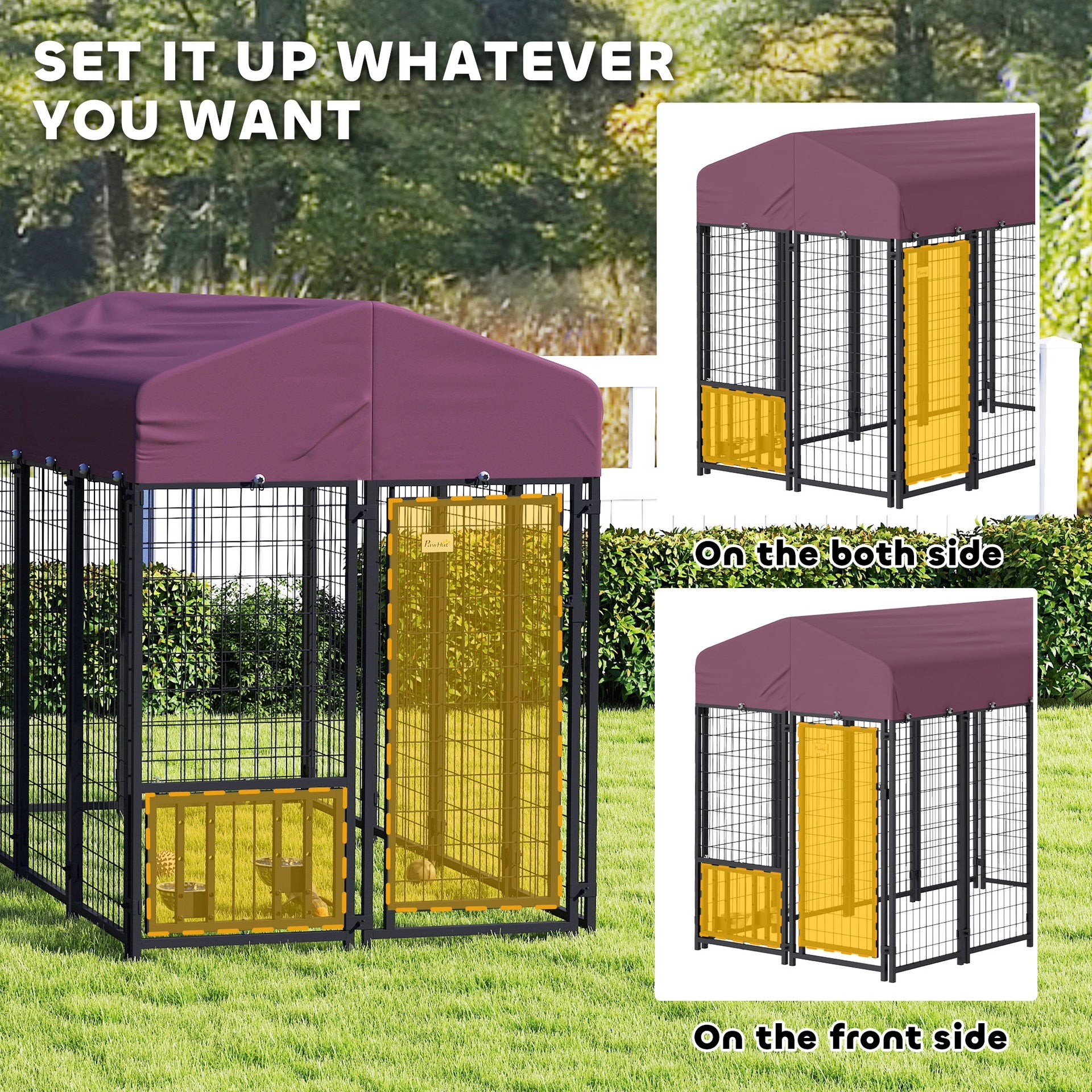 PawHut Welded Wire Outdoor Dog Kennel with 360° Rotating & 4 Levels Adjustable Bowls, Waterproof Cover, 7.9' x 4' x 6'