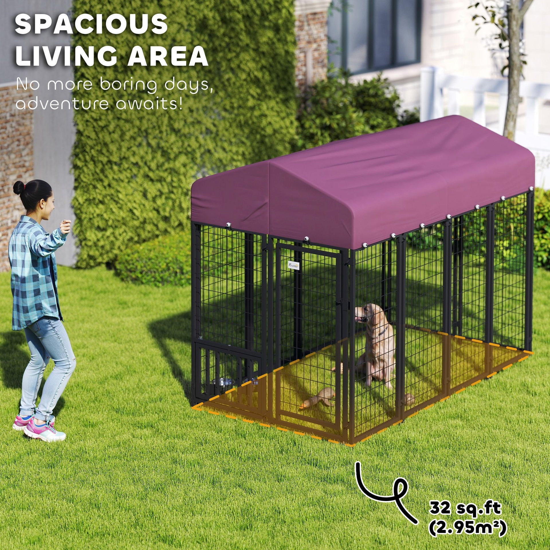 PawHut Welded Wire Outdoor Dog Kennel with 360° Rotating & 4 Levels Adjustable Bowls, Waterproof Cover, 7.9' x 4' x 6'