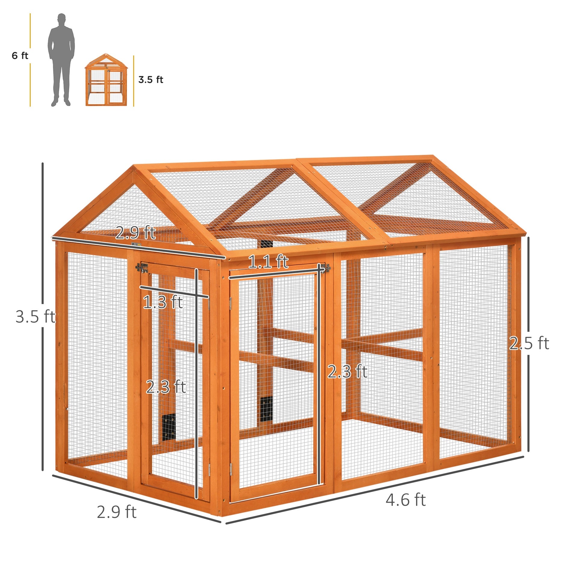 PawHut Wooden Chicken Run, Combinable Design with Perches, 4.6' x 2.8', Orange