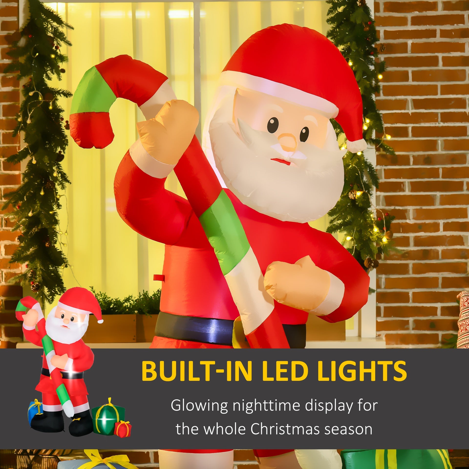 HOMCOM 6ft Christmas Inflatables Outdoor Decorationss Decorations Santa Claus with Candy Cane, Blow-Up LED Yard Christmas Decor