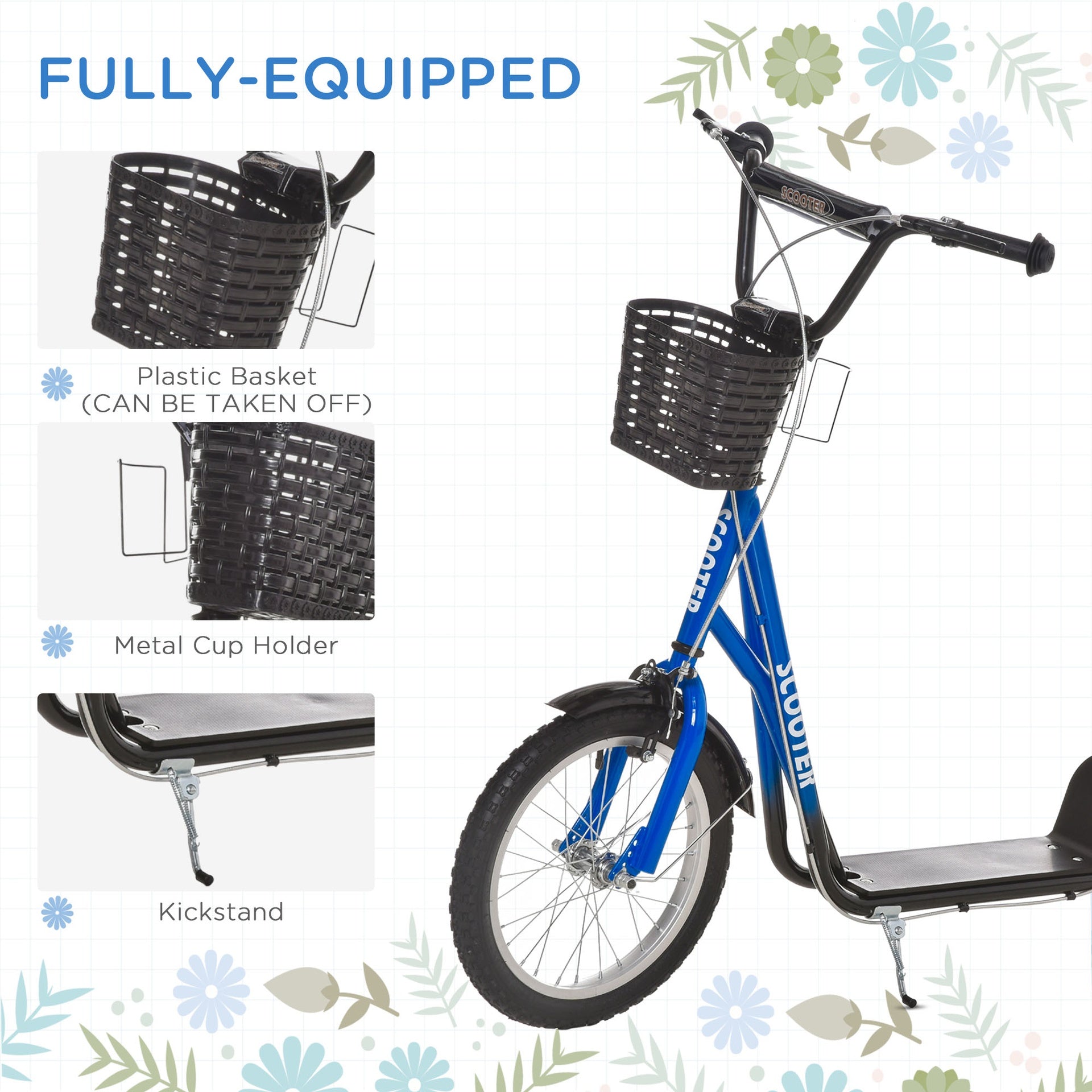 Aosom Youth Scooter, Kick Scooter with Adjustable Handlebars, Double Brakes, 16" Inflatable Rubber Tires, Basket, Cupholder, Blue