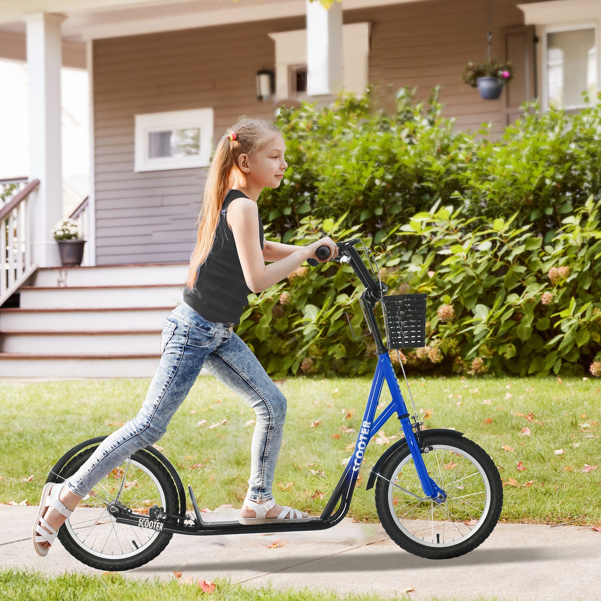 Aosom Youth Scooter, Kick Scooter with Adjustable Handlebars, Double Brakes, 16" Inflatable Rubber Tires, Basket, Cupholder, Blue