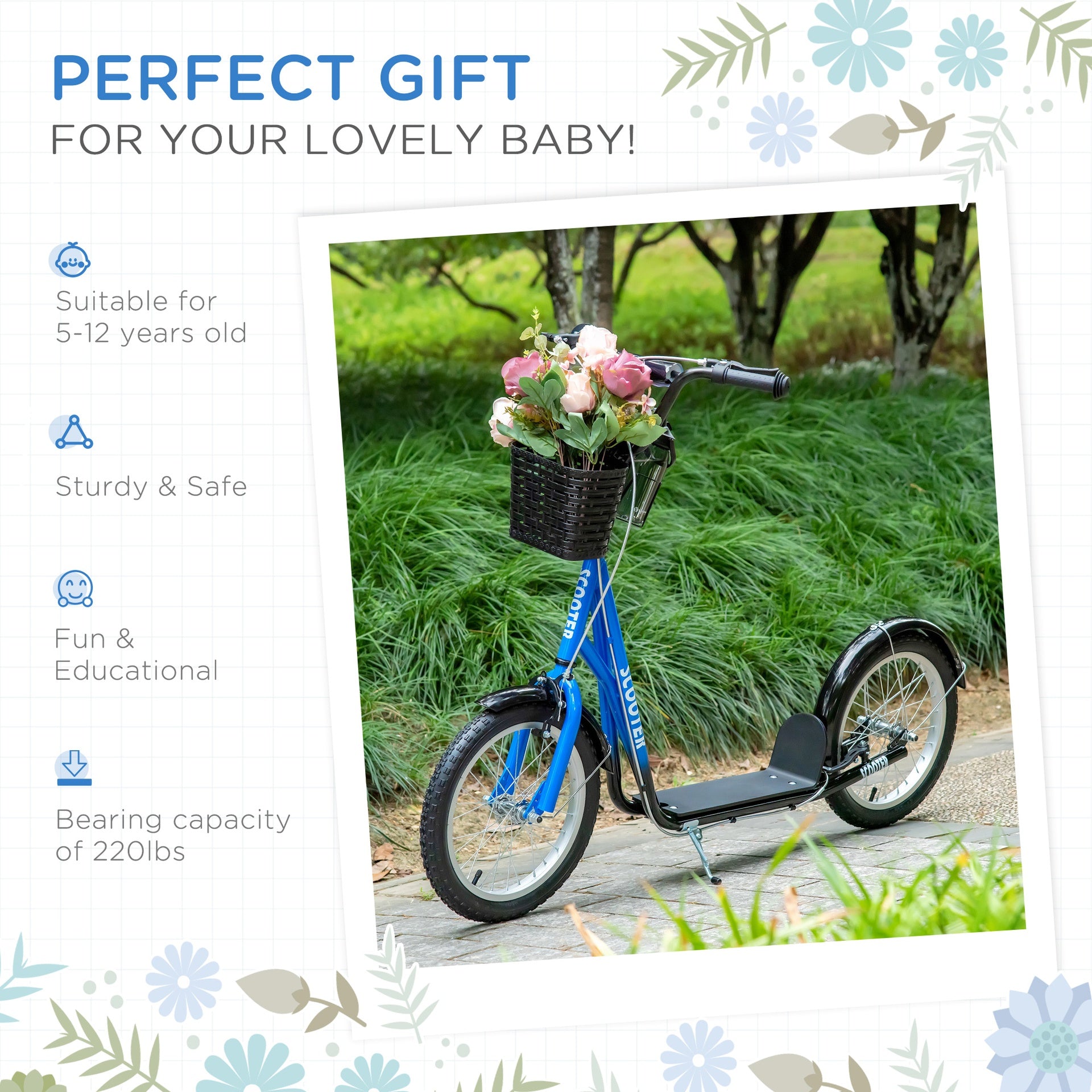 Aosom Youth Scooter, Kick Scooter with Adjustable Handlebars, Double Brakes, 16" Inflatable Rubber Tires, Basket, Cupholder, Blue