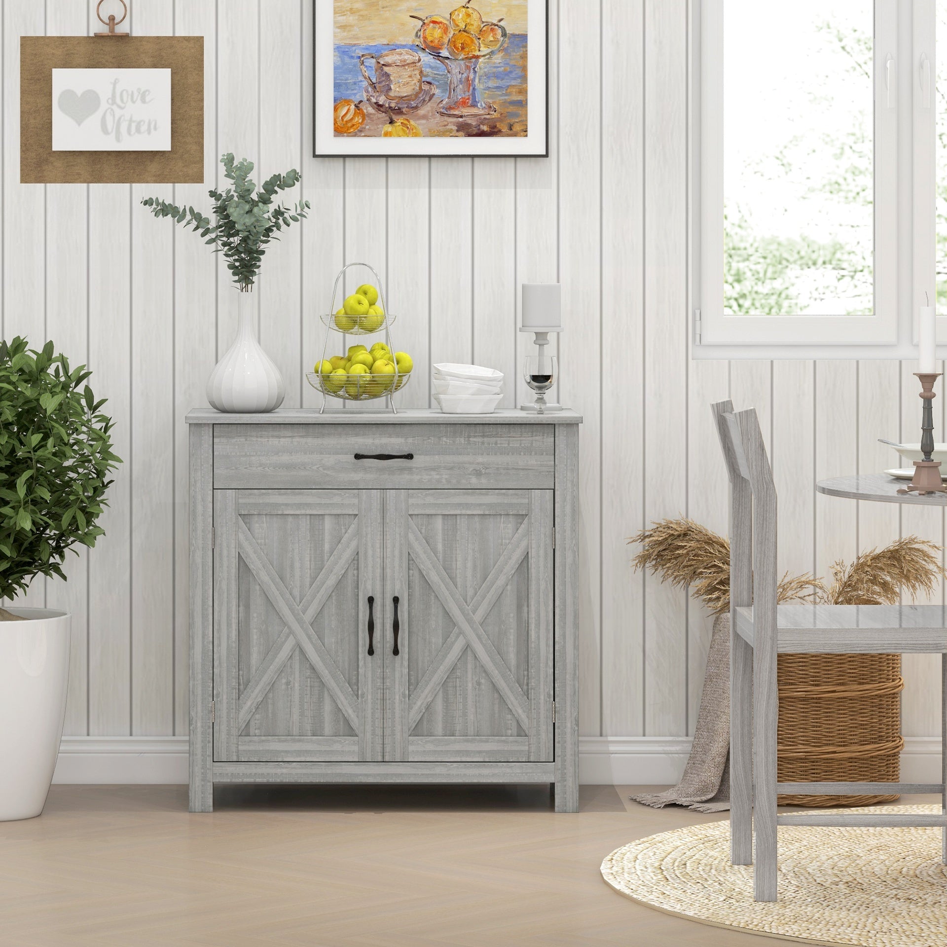 HOMCOM Farmhouse Sideboard Cabinet with Barn Doors Kitchen Buffet Cabinet with Drawer and Adjustable Shelf Stone Gray