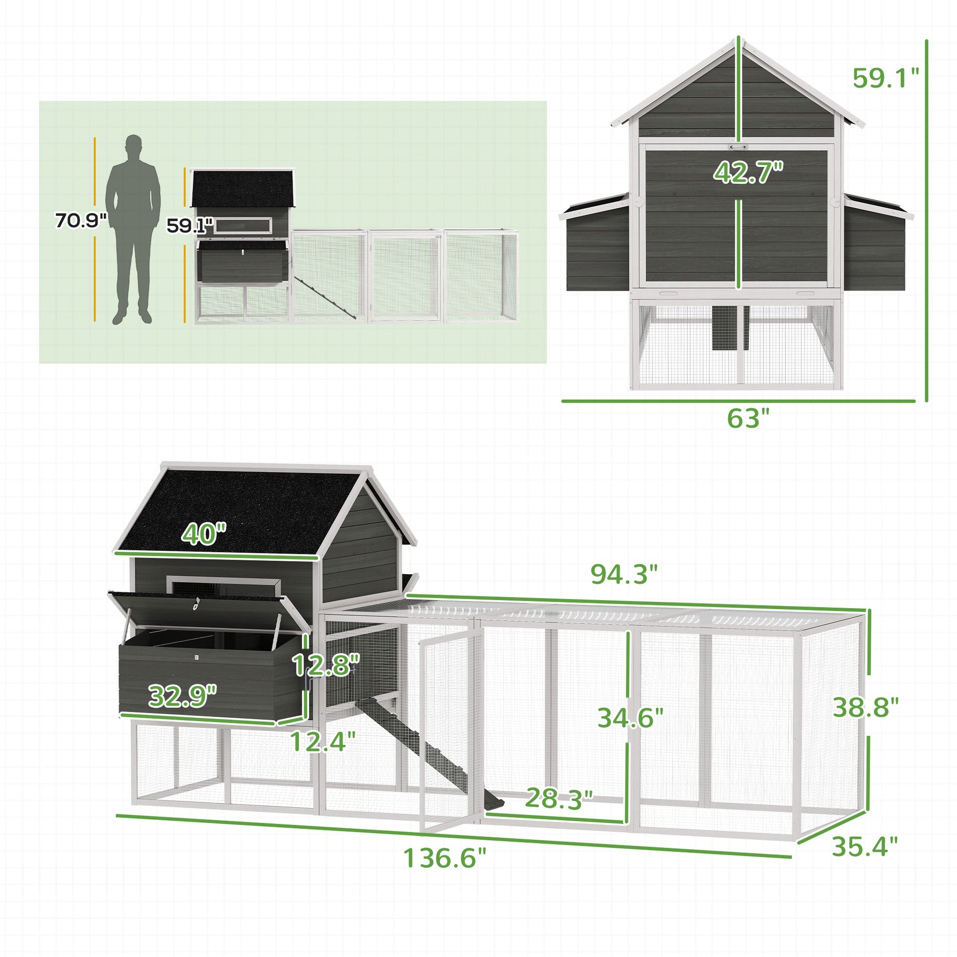 PawHut 137" Wooden Chicken Coop for 4-6 Chickens, Backyard, Dark Gray