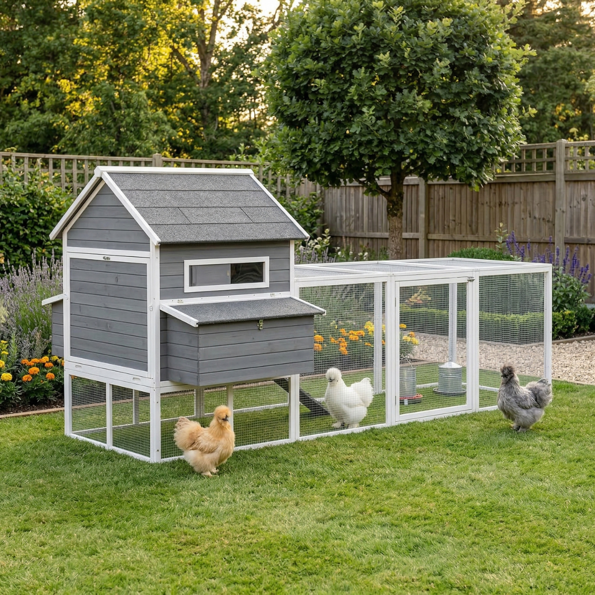 PawHut 137" Wooden Chicken Coop for 4-6 Chickens, Backyard, Dark Gray