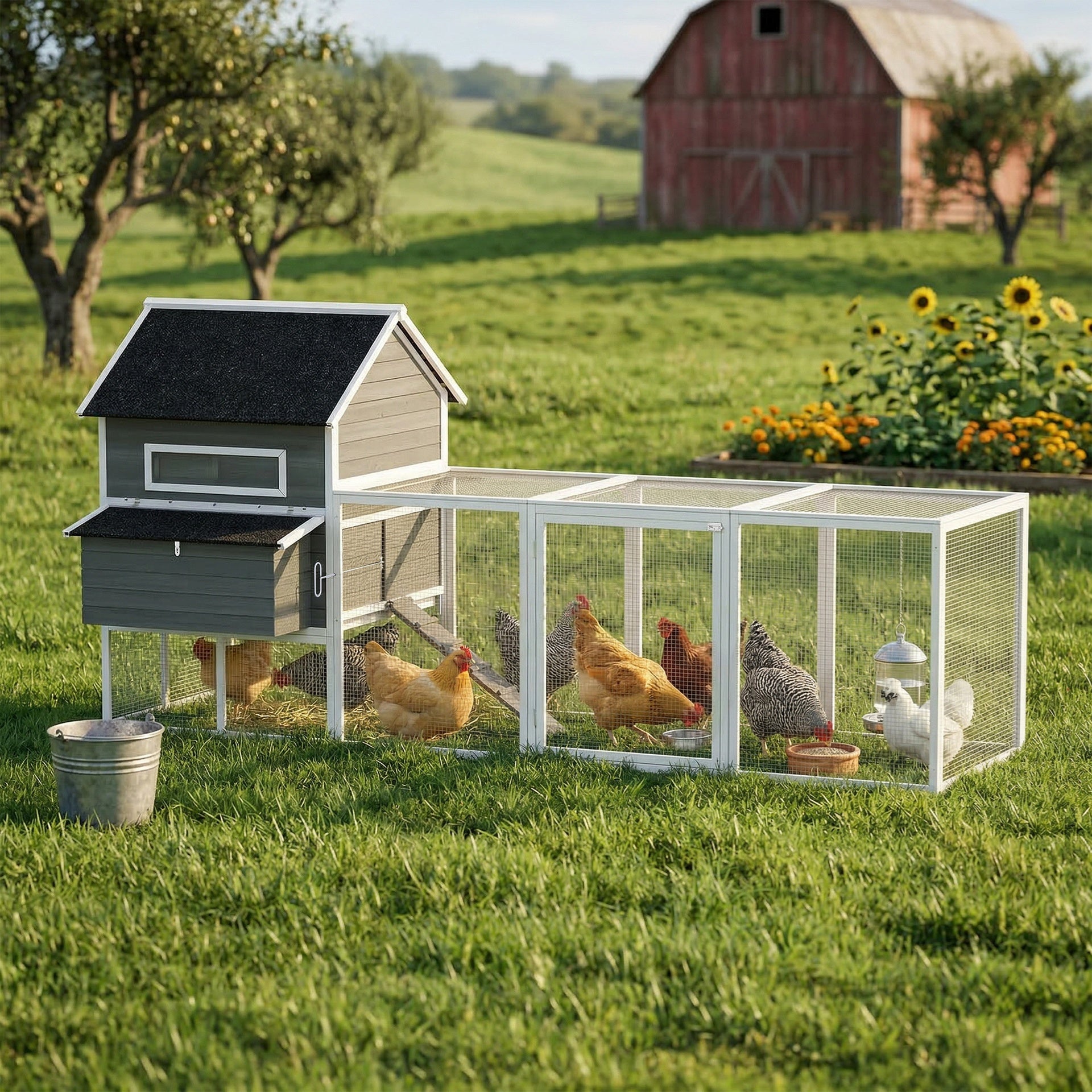 PawHut 137" Wooden Chicken Coop for 4-6 Chickens, Backyard, Dark Gray