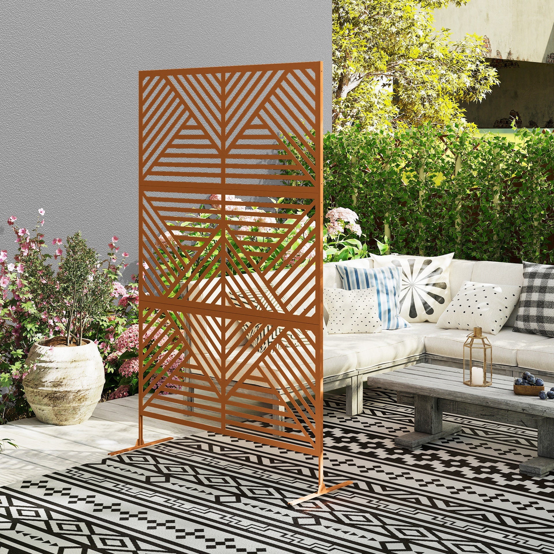 Outsunny Decorative Privacy Fence Screen, Metal Outdoor Privacy Screen Climbing Plant Trellis with Stand, Rhombus Brown