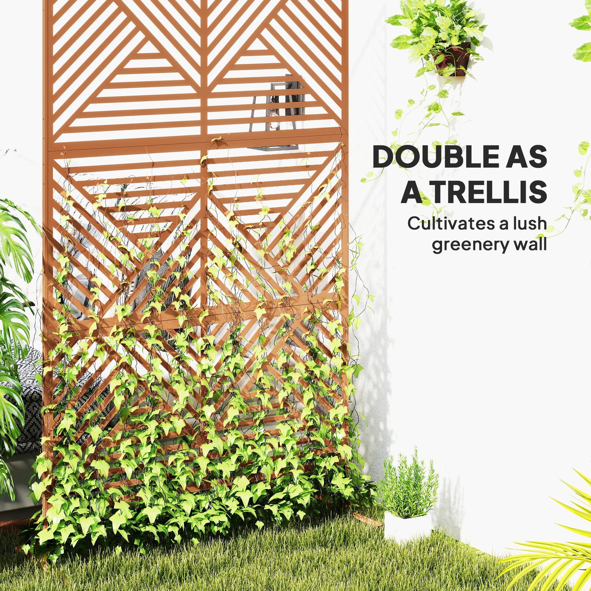 Outsunny Decorative Privacy Fence Screen, Metal Outdoor Privacy Screen Climbing Plant Trellis with Stand, Rhombus Brown
