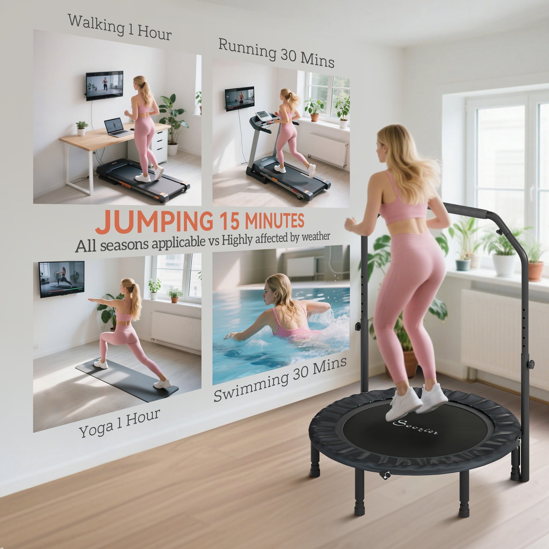 Soozier 40" Foldable Mini Trampoline, Rebounder Trampoline for Adults with Adjustable Foam Handle, Black