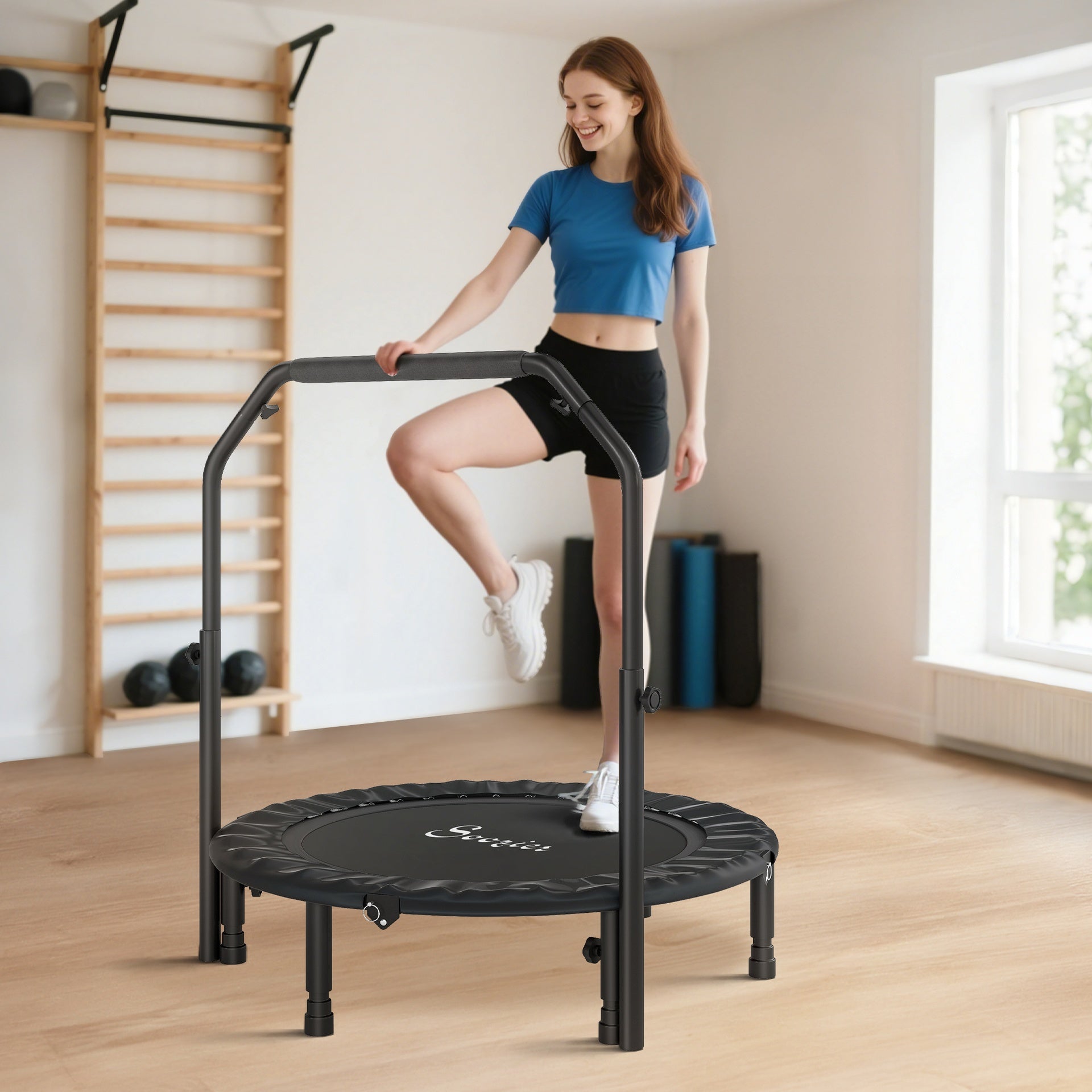 Soozier 40" Foldable Mini Trampoline, Rebounder Trampoline for Adults with Adjustable Foam Handle, Black