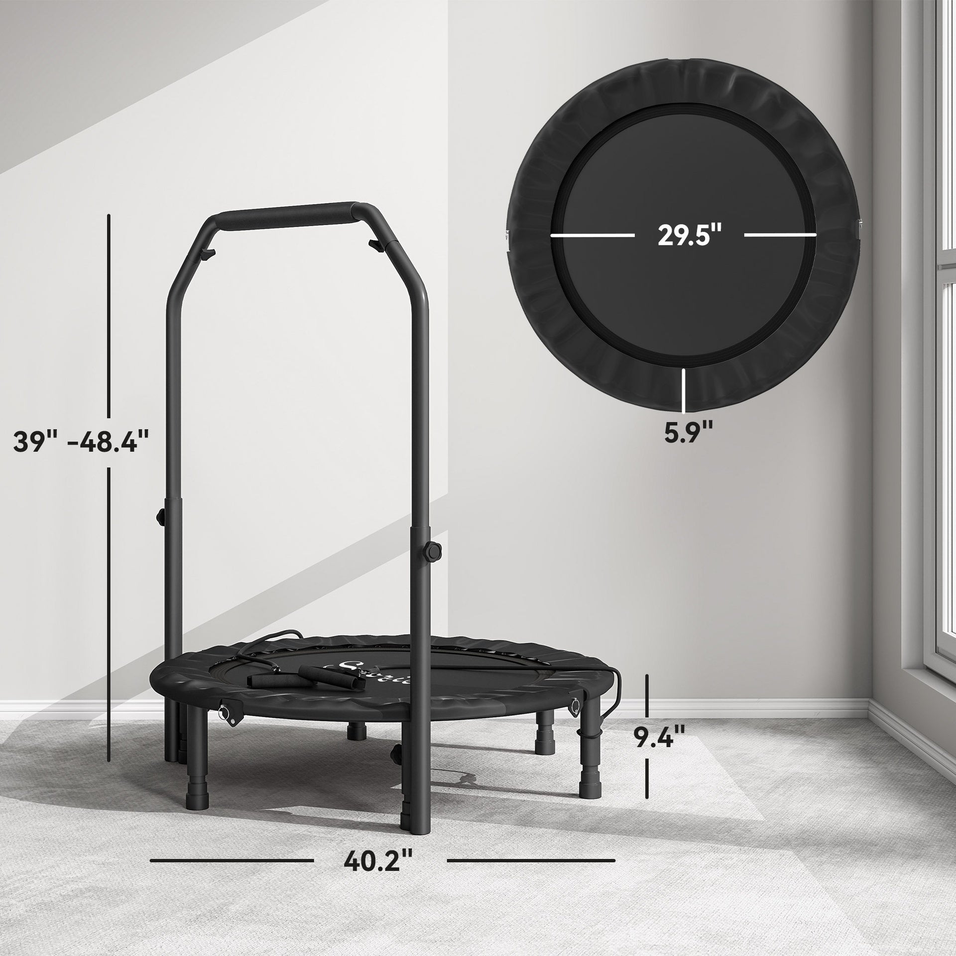 Soozier 40" Foldable Mini Trampoline, Rebounder Trampoline for Adults with Adjustable Foam Handle, Black