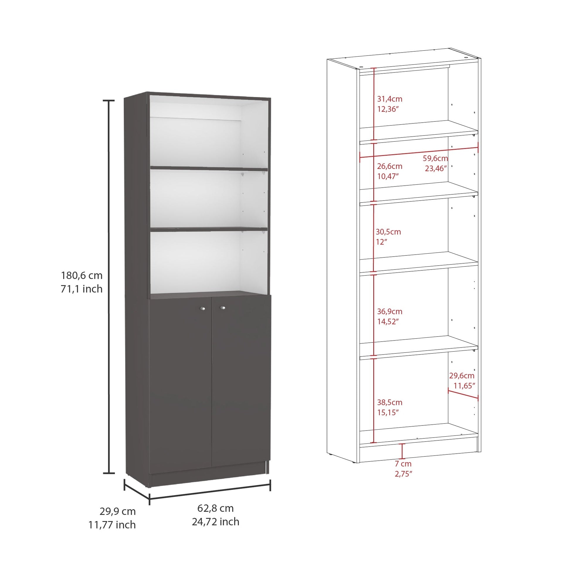 Home 2-Door Bookcase, Modern Storage Unit with Dual Doors and Multi-Tier Shelves -Matt Gray / White -Office