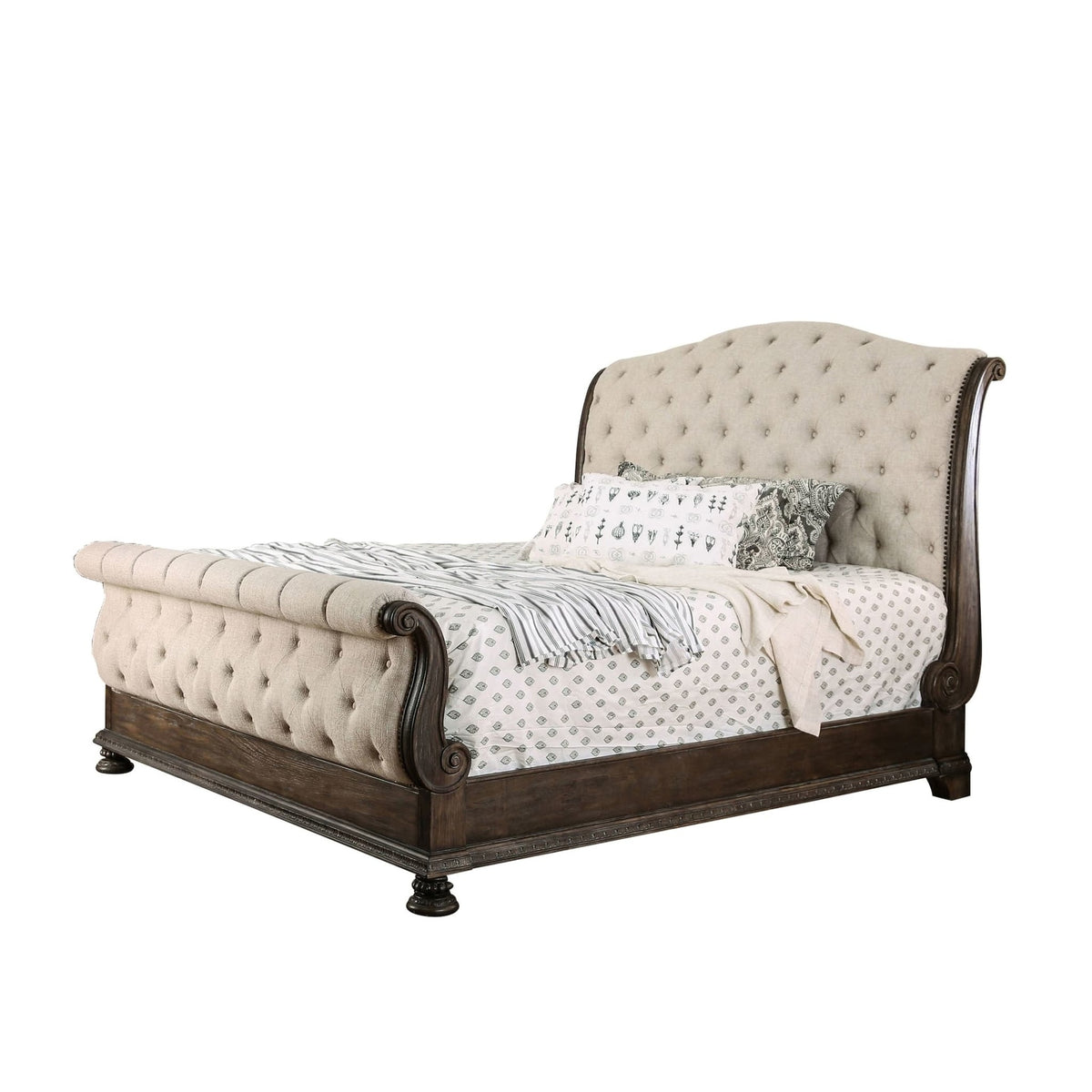 Rustic Natural Tone 1pc California King Size Bed Beige Fabric Tufted Sleigh Bed Bedroom Furniture Solidwood