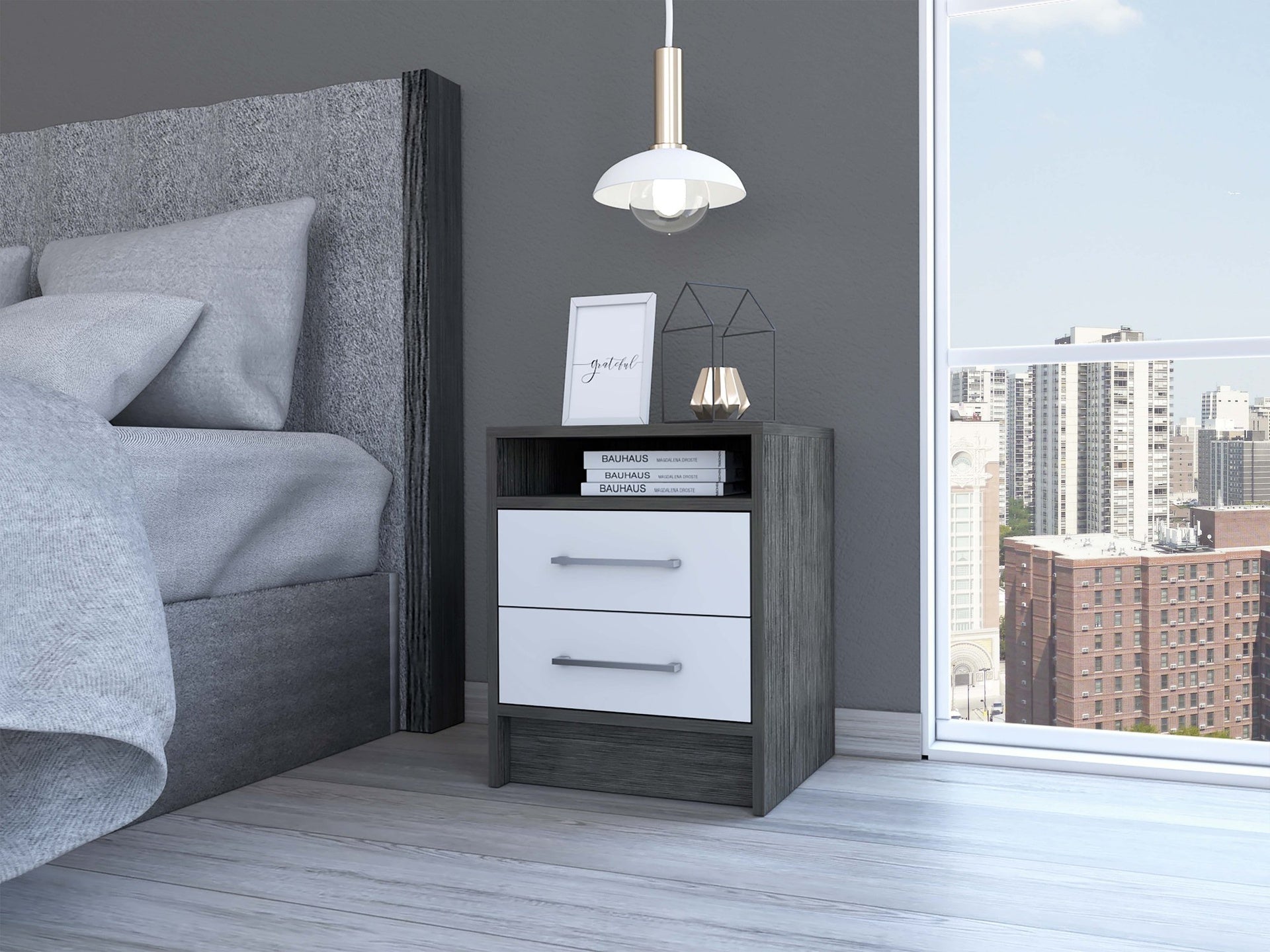 Eter Nightstand , End Table, Side Table Superior Top, Two Drawers -Smokey Oak / White
