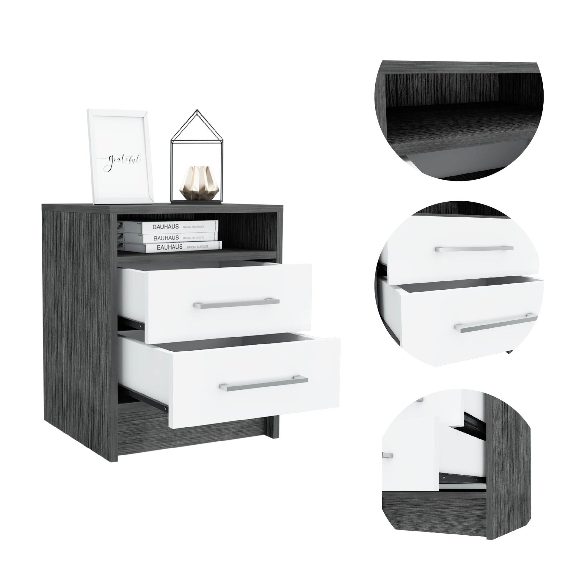 Eter Nightstand , End Table, Side Table Superior Top, Two Drawers -Smokey Oak / White