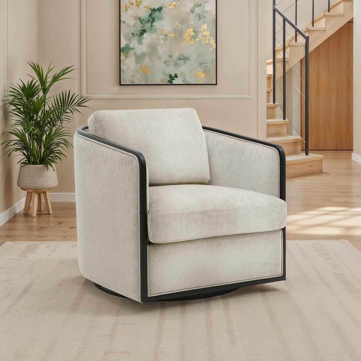 Contemporary Style 1pc Swivel Chair High Density Foam 360 Degree Swivel Chair Seat Cushion And Back Pillow Taupe Finish Primary Living Room