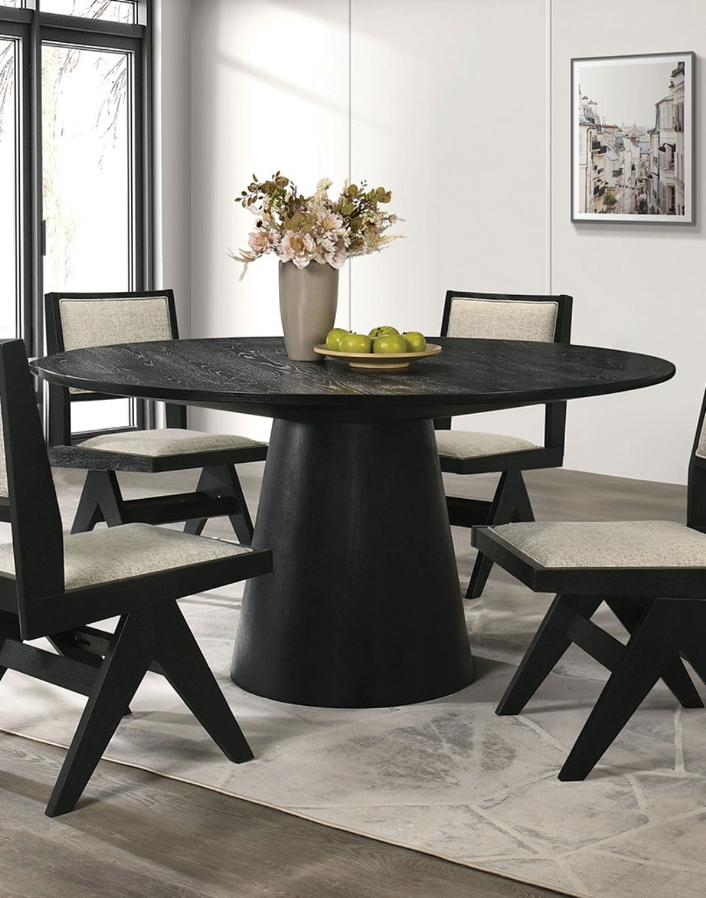 Contemporary 5pc Black Dining Set Gray Upholstery Table w 4x Side Chairs 59" Round Dining Table