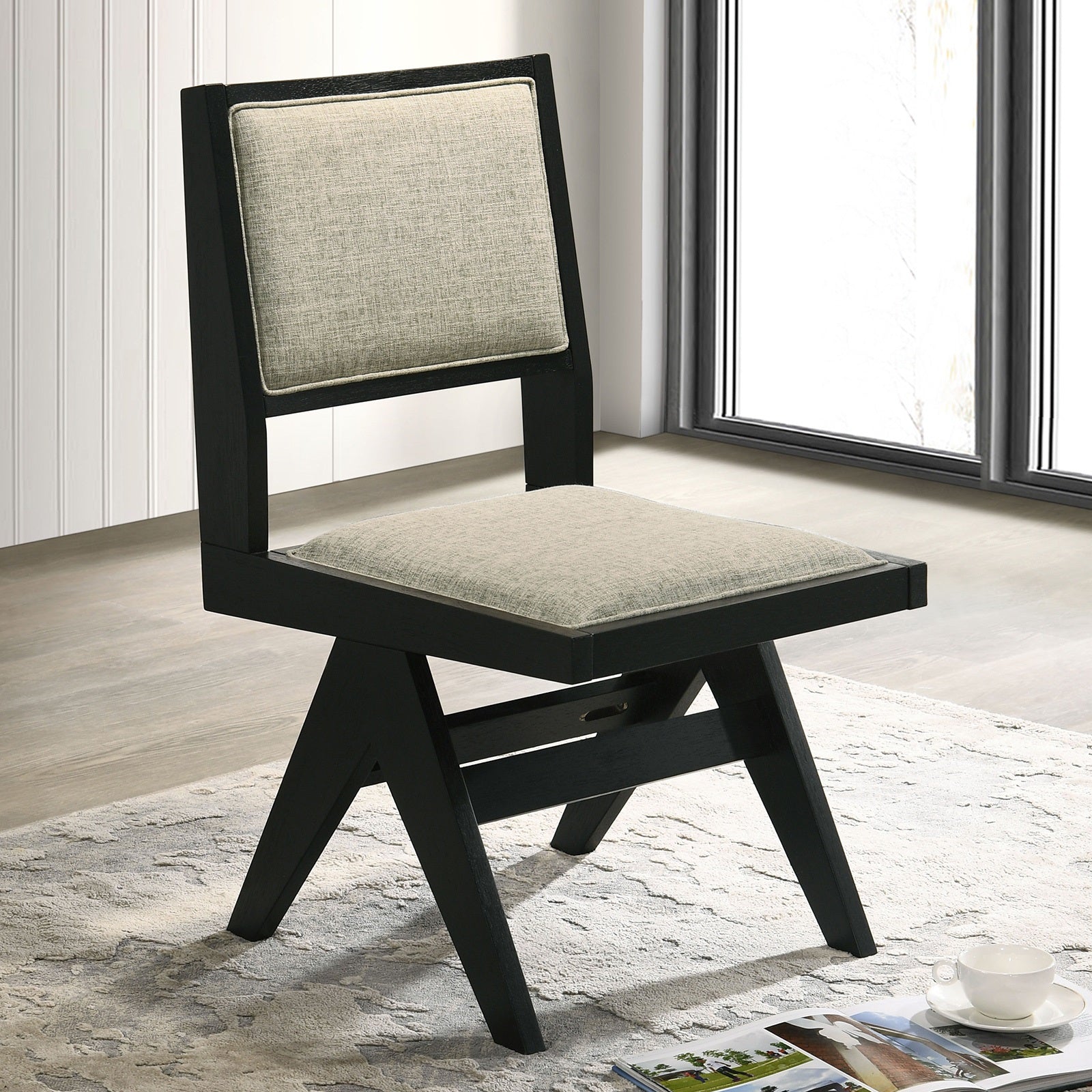 Contemporary 5pc Black Dining Set Gray Upholstery Table w 4x Side Chairs 59" Round Dining Table