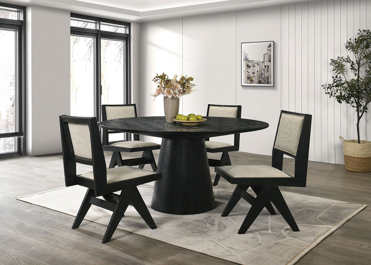 Contemporary 5pc Black Dining Set Gray Upholstery Table w 4x Side Chairs 59" Round Dining Table