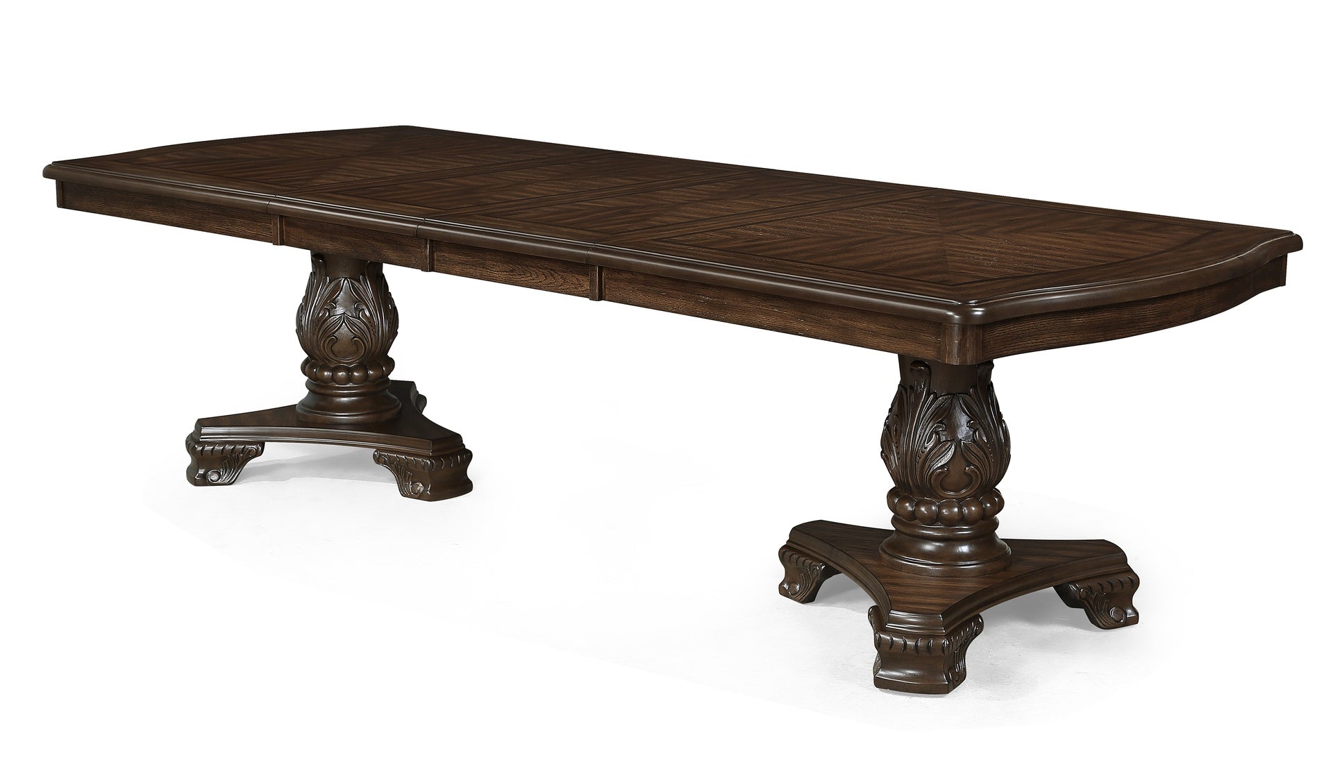 Formal 5pc Rectangular Dining Table 18" Extendable Leaf Side Chair Arm Chair Rich Dark Coffee Brown Finish Intricately Carved Double Pedestal Base Solid Wood Dining Set