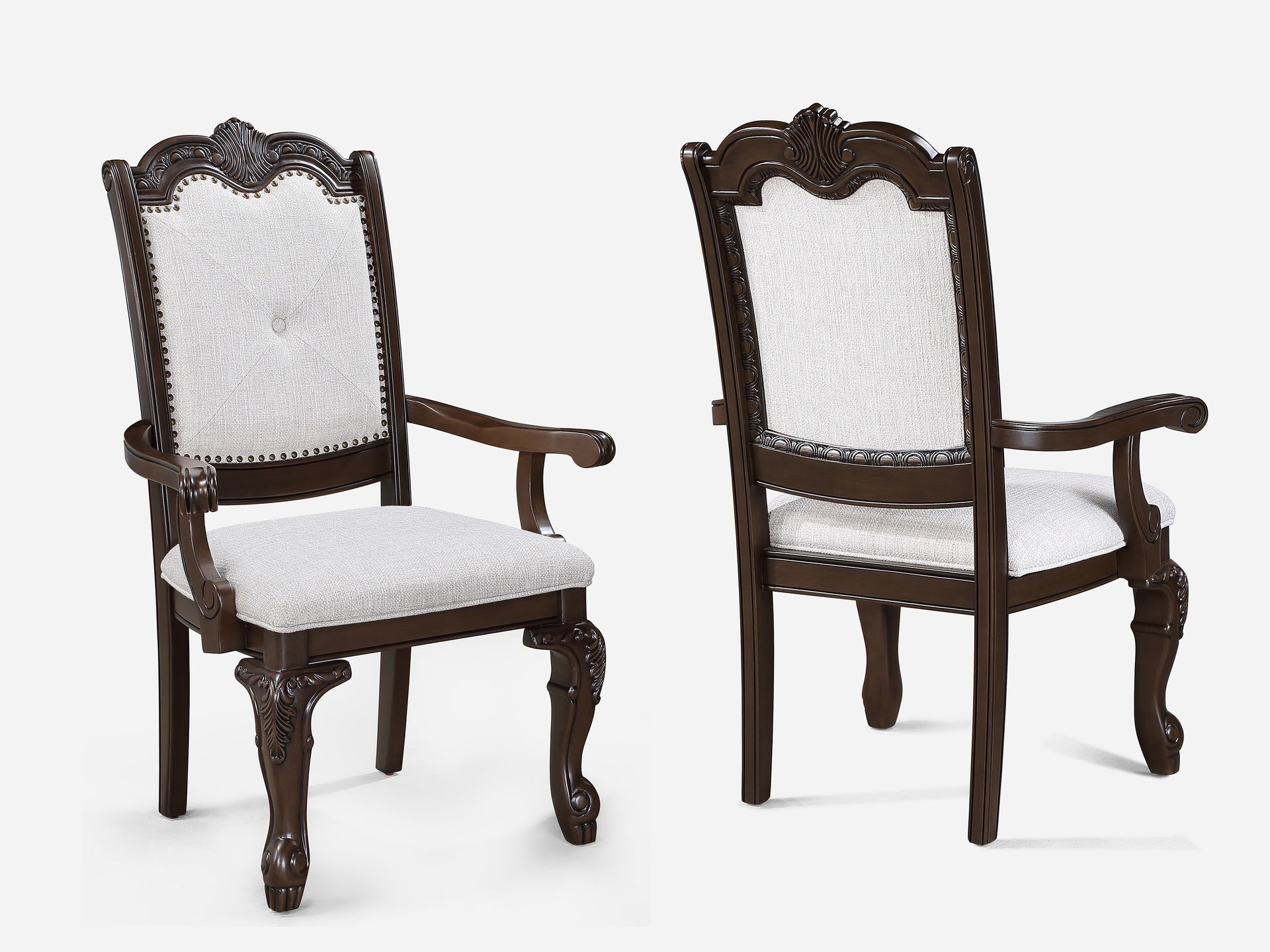 Formal 5pc Rectangular Dining Table 18" Extendable Leaf Side Chair Arm Chair Rich Dark Coffee Brown Finish Intricately Carved Double Pedestal Base Solid Wood Dining Set