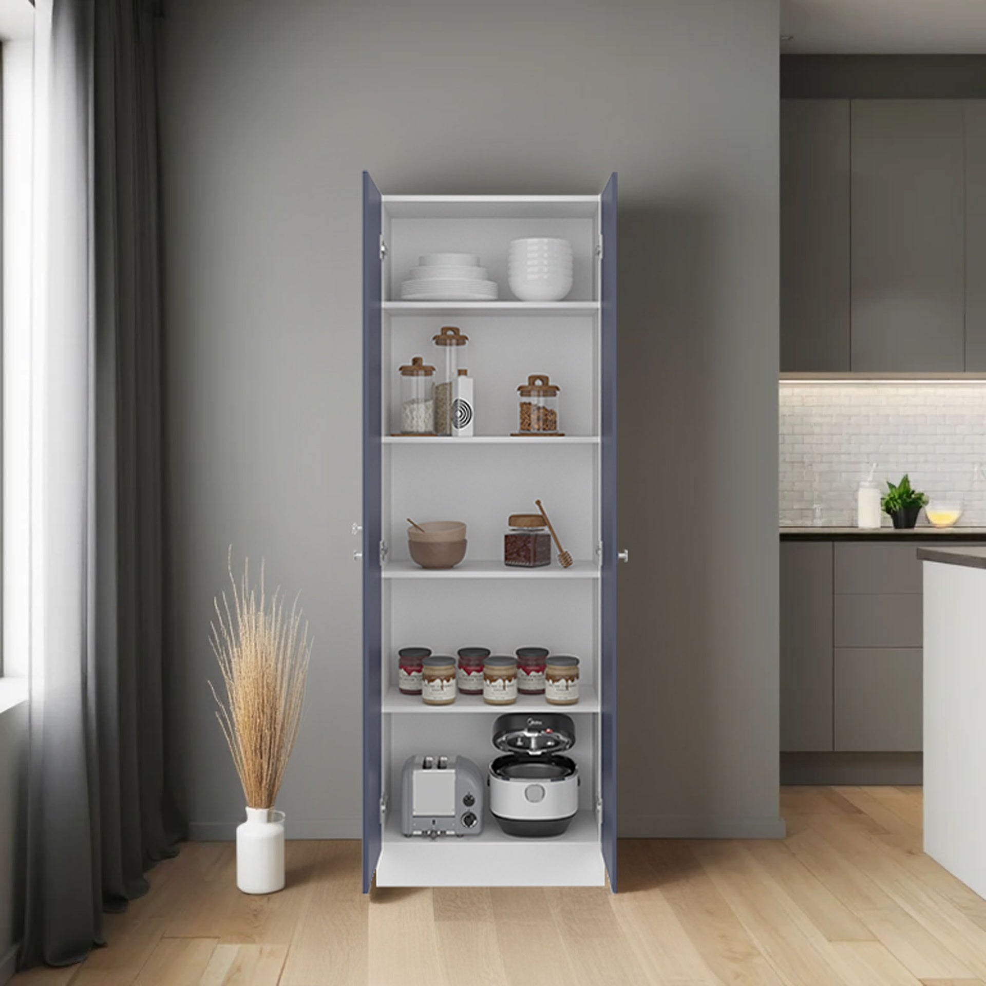 Lambardi Tall Multistorage Cabinet with Double Door, Five Shelves, Freestanding Kitchen or Laundry Room Storage Cabinet, Navy Blue and White