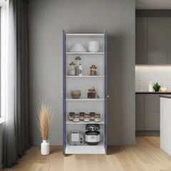 Lambardi Tall Multistorage Cabinet with Double Door, Five Shelves, Freestanding Kitchen or Laundry Room Storage Cabinet, Navy Blue and White