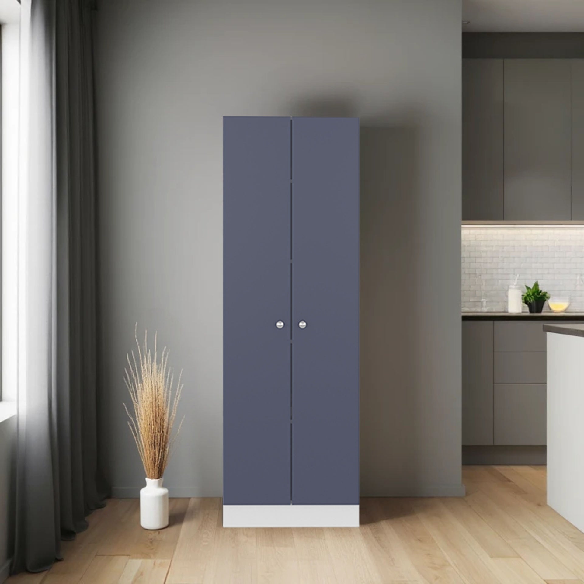 Lambardi Tall Multistorage Cabinet with Double Door, Five Shelves, Freestanding Kitchen or Laundry Room Storage Cabinet, Navy Blue and White