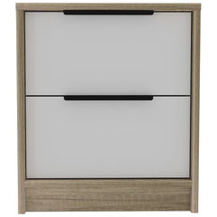 Kaia Nightstand , End Table, Side Table Two Drawers, Metal Handle -White / Pine