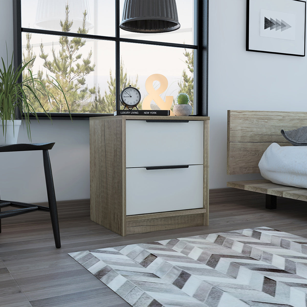 Kaia Nightstand , End Table, Side Table Two Drawers, Metal Handle -White / Pine