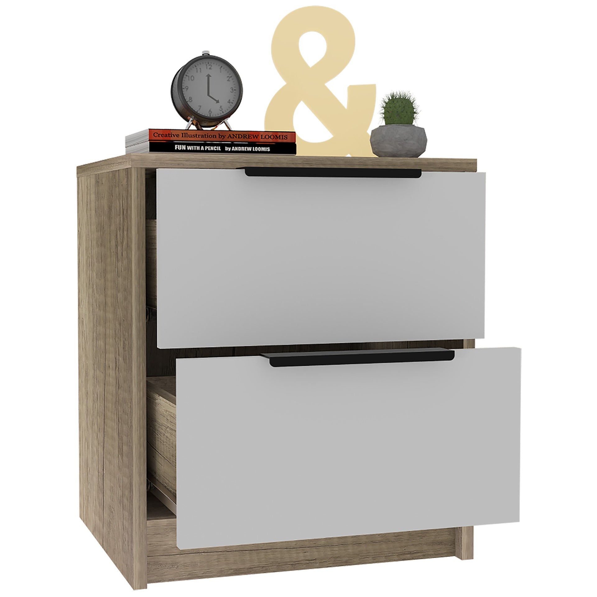 Kaia Nightstand , End Table, Side Table Two Drawers, Metal Handle -White / Pine