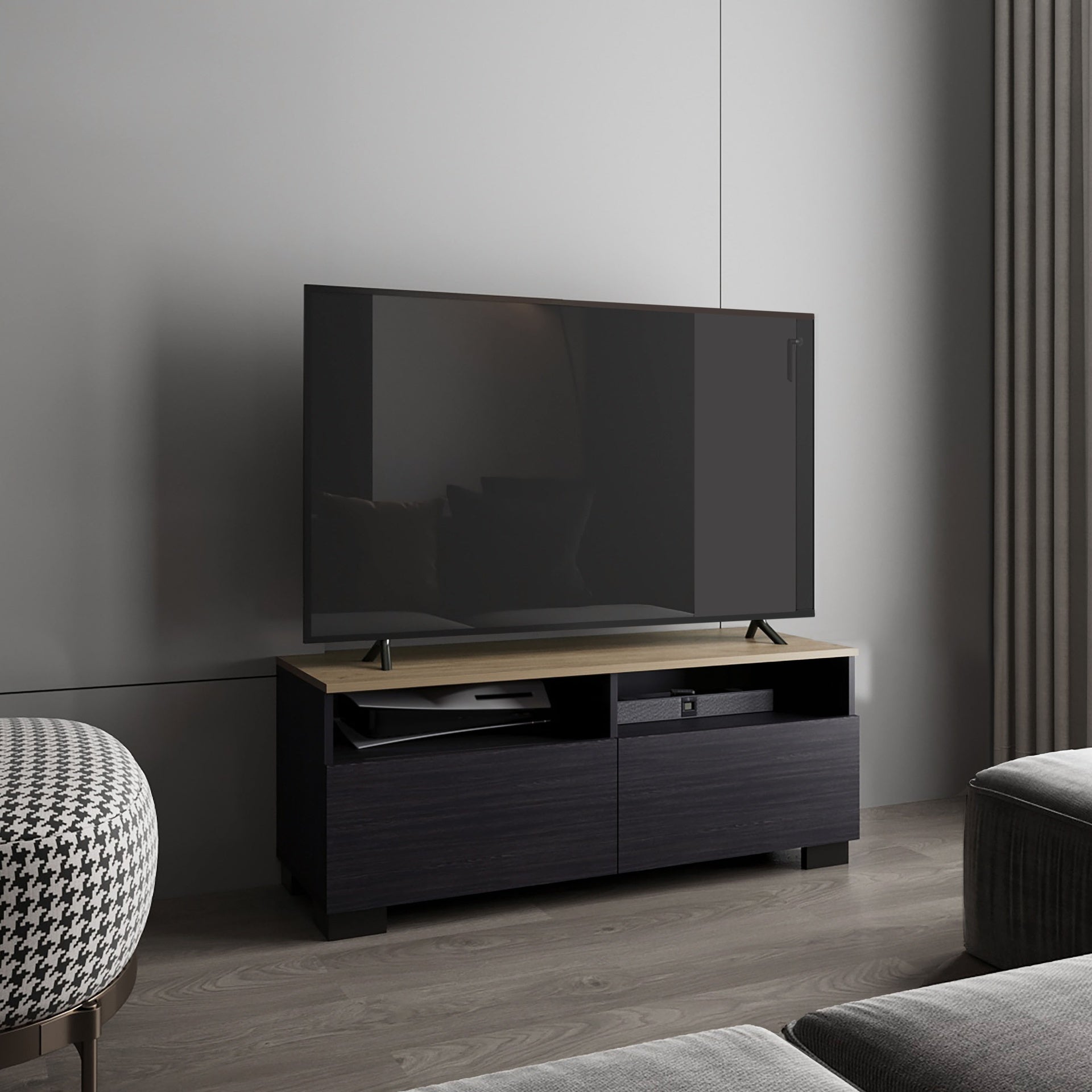 Colman Modern TV Stand with Open Shelves and Compact Profile, Minimalist Media Console for Living Room or Bedroom, Black - Natural Oak