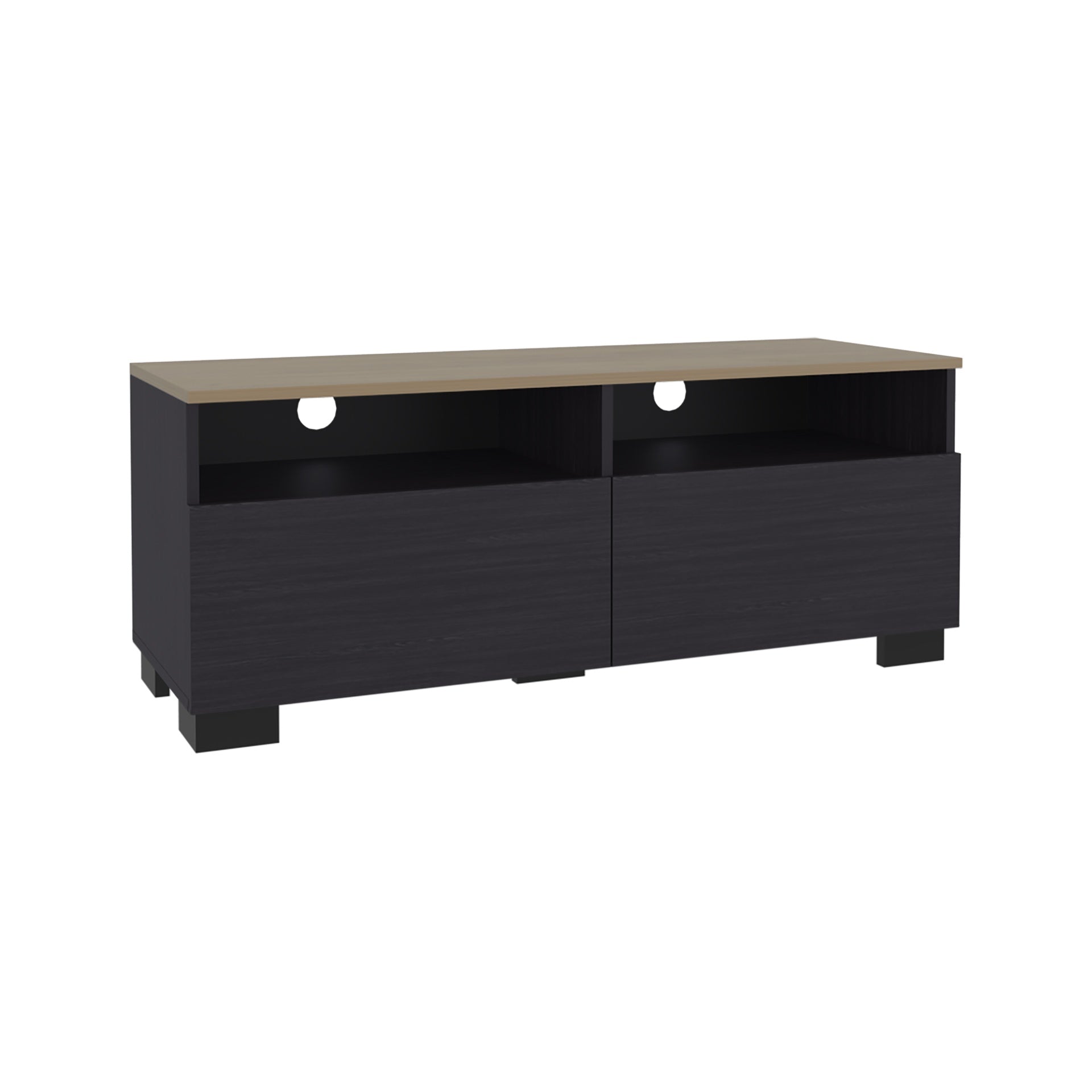 Colman Modern TV Stand with Open Shelves and Compact Profile, Minimalist Media Console for Living Room or Bedroom, Black - Natural Oak