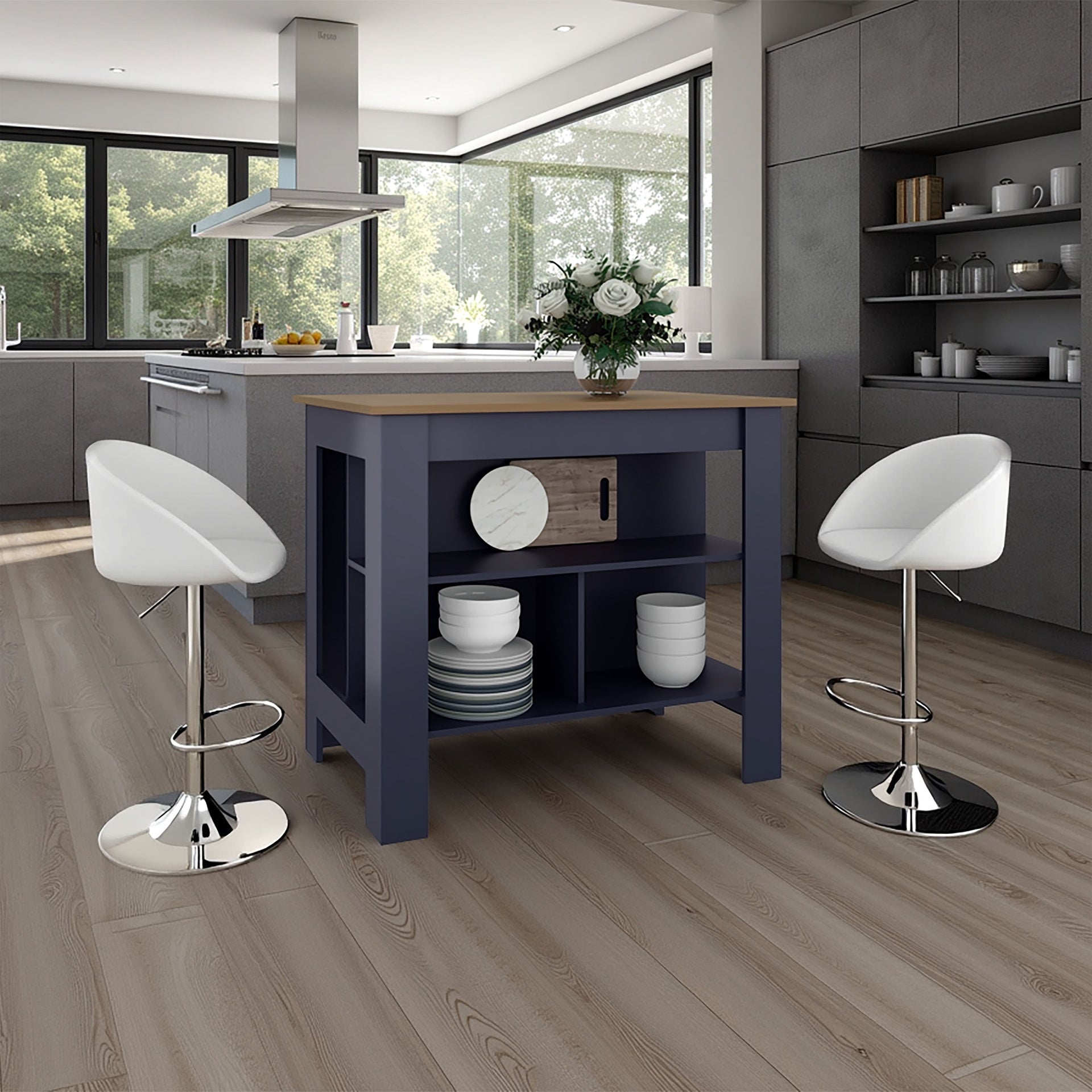 Cala Kitchen Island with Three Open Shelves, One Top Shelf and Four Legs, Modern Kitchen Decor And Organizer