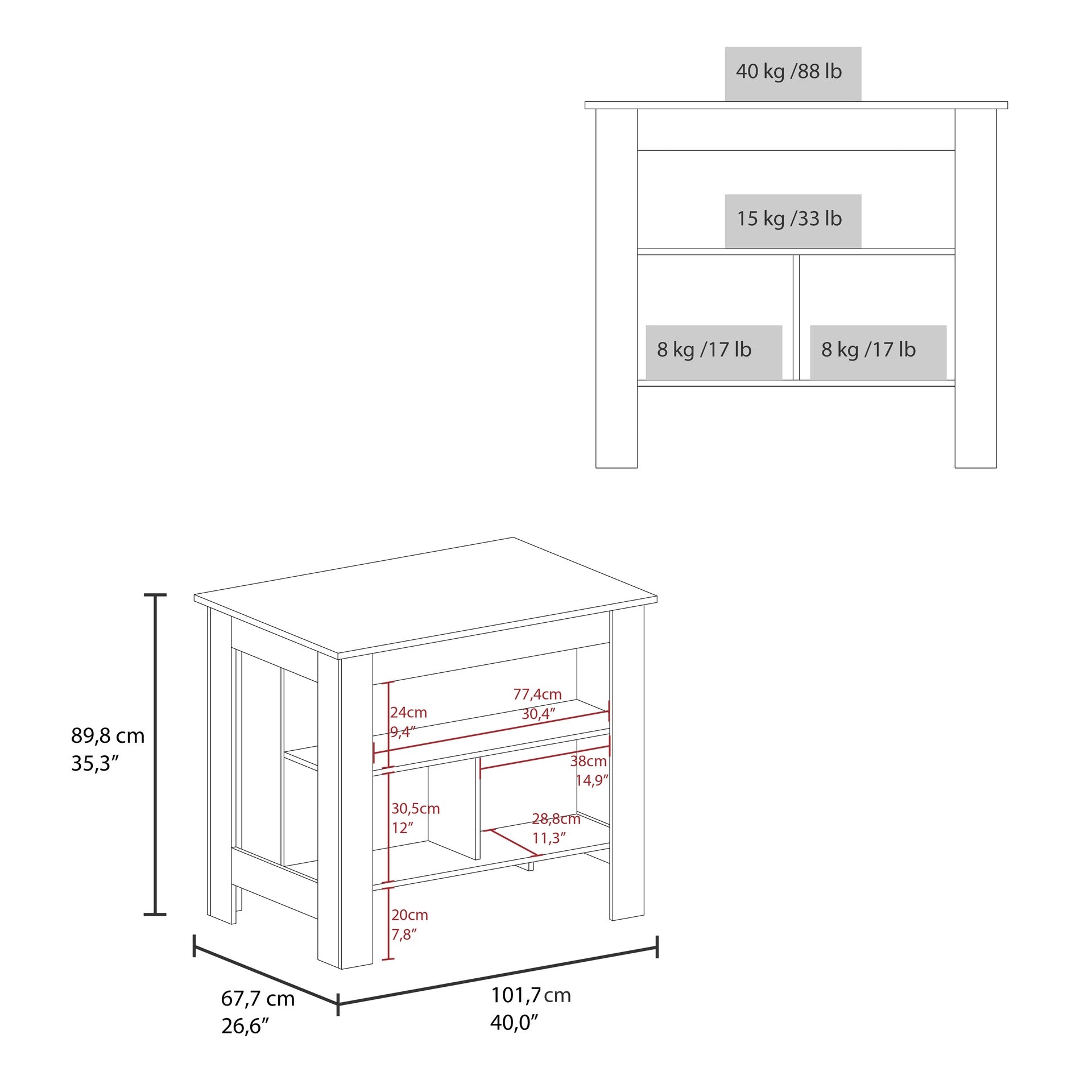 Cala Kitchen Island with Three Open Shelves, One Top Shelf and Four Legs, Modern Kitchen Decor And Organizer