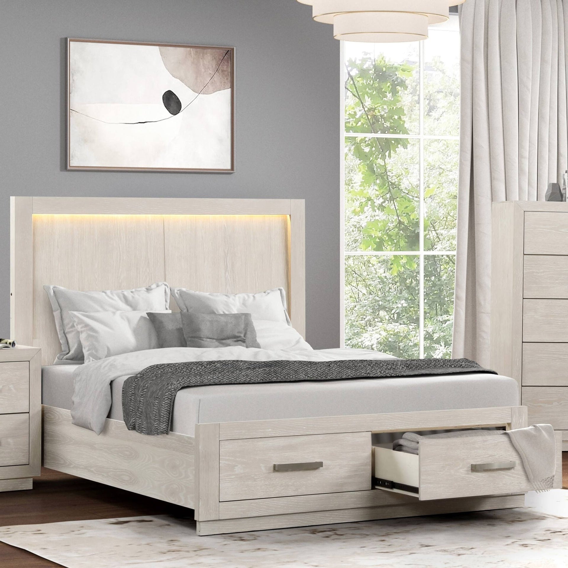 Transitional 1pc Eastern King Size Bed LED HB Storage Footboard Light Grey Bedroom Furniture Wooden