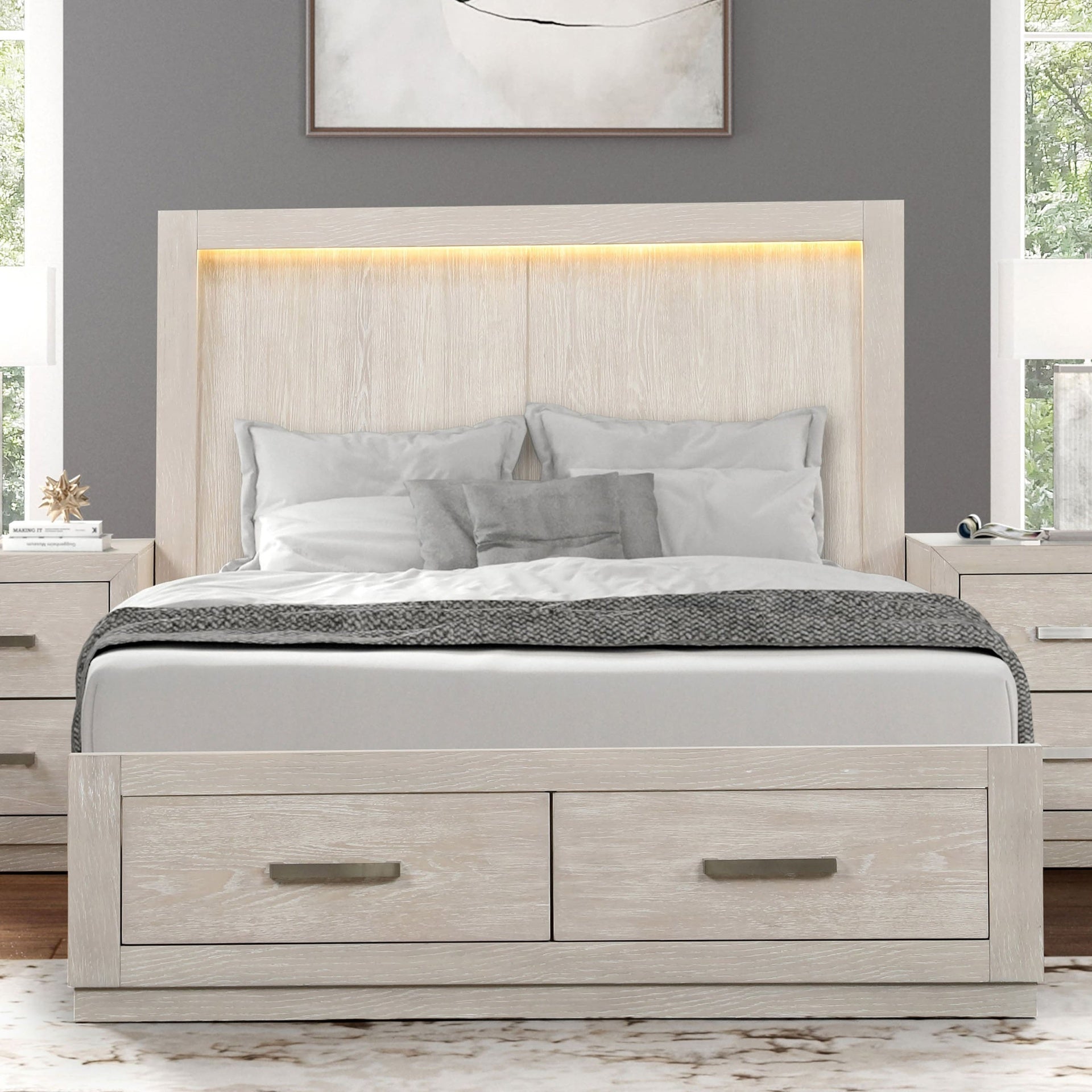 Transitional 1pc Eastern King Size Bed LED HB Storage Footboard Light Grey Bedroom Furniture Wooden