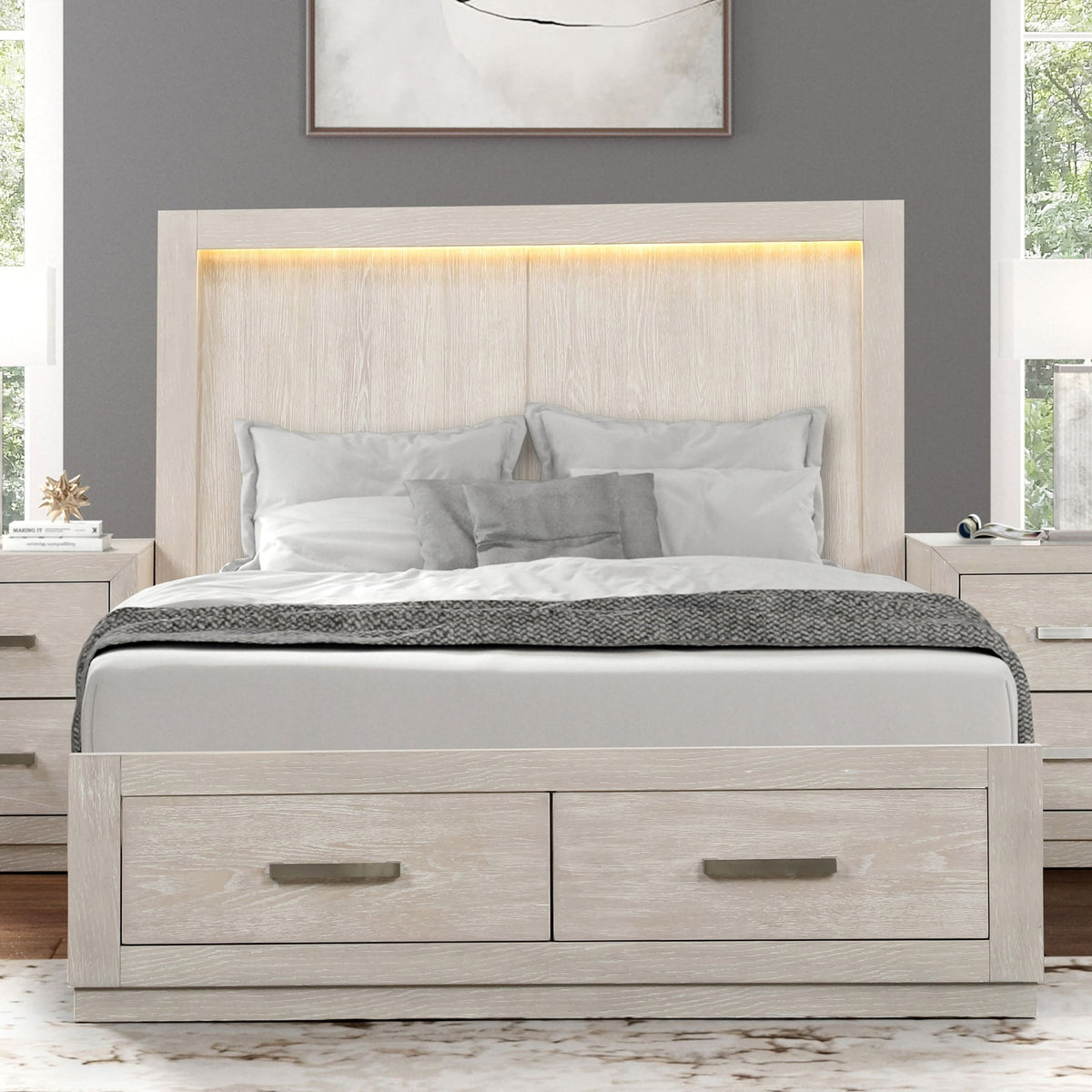 Transitional 1pc Eastern King Size Bed LED HB Storage Footboard Light Grey Bedroom Furniture Wooden