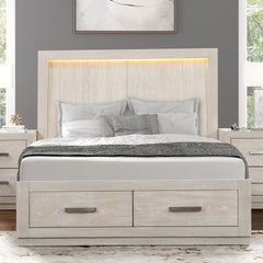 Transitional 1pc Eastern King Size Bed LED HB Storage Footboard Light Grey Bedroom Furniture Wooden