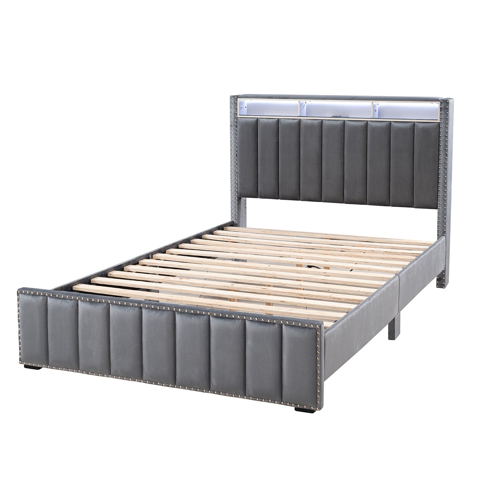 Beautiful Dark Gray Color 1pc Full Size Bed Storage Shelve LED Channel Tufting Bedroom Furniture Fabric Upholstered