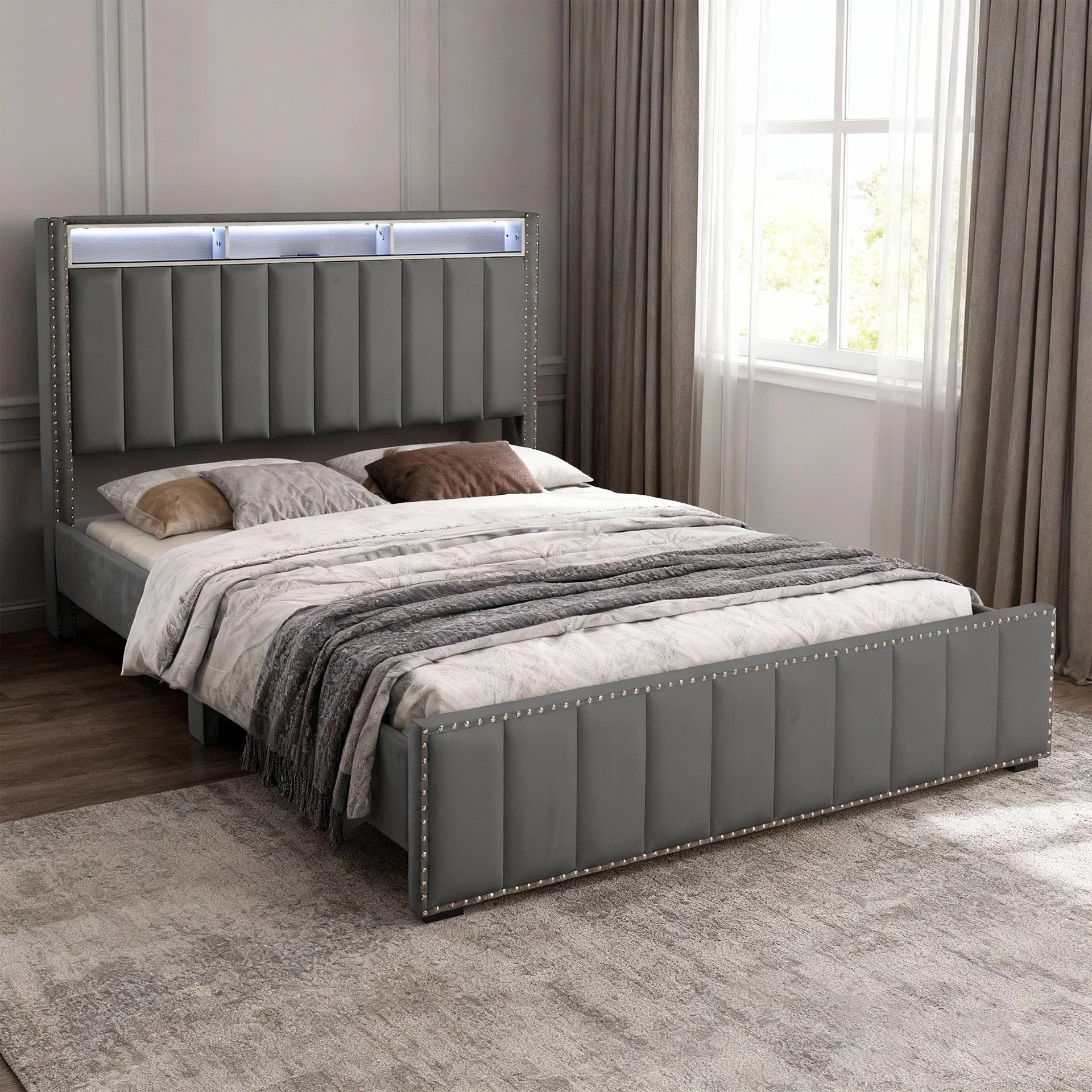 Beautiful Dark Gray Color 1pc Queen Size Bed Storage Shelve LED Channel Tufting Bedroom Furniture Fabric Upholstered