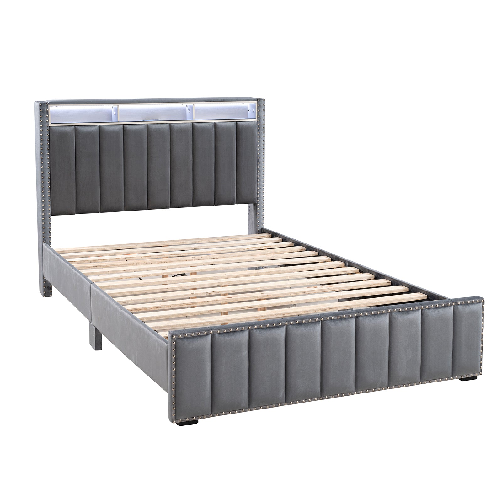 Beautiful Dark Gray Color 1pc Queen Size Bed Storage Shelve LED Channel Tufting Bedroom Furniture Fabric Upholstered