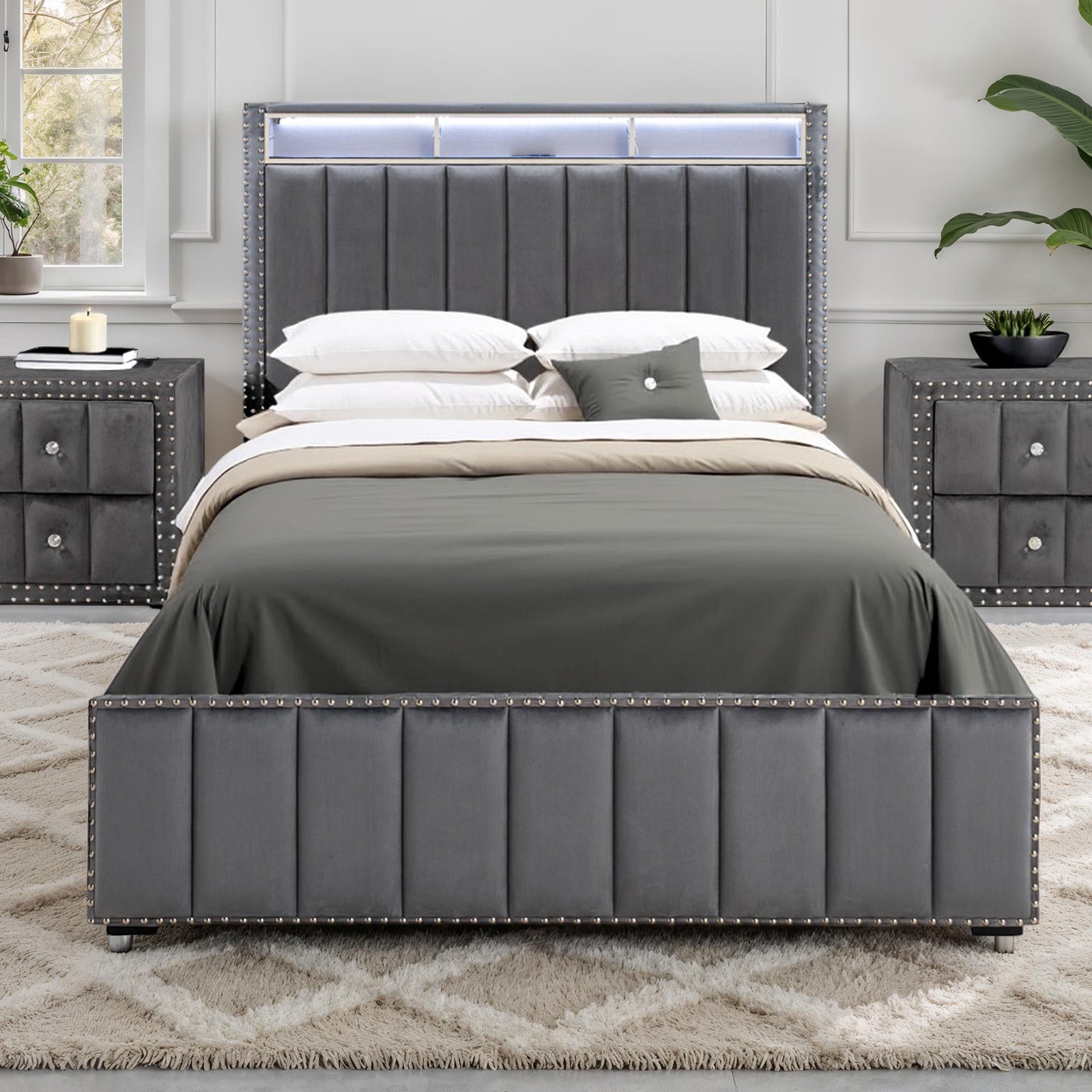 Contemporary 3pc Bedroom Set Queen Size Bed 2x Nightstands Bedroom Furniture Dark Gray Fabric Upholstered Bedframe w LED Nailhead Trim