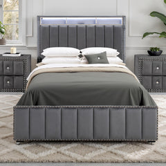 Contemporary 3pc Bedroom Set Full Size Bed 2x Nightstands Bedroom Furniture Dark Gray Fabric Upholstered Bedframe w LED Nailhead Trim