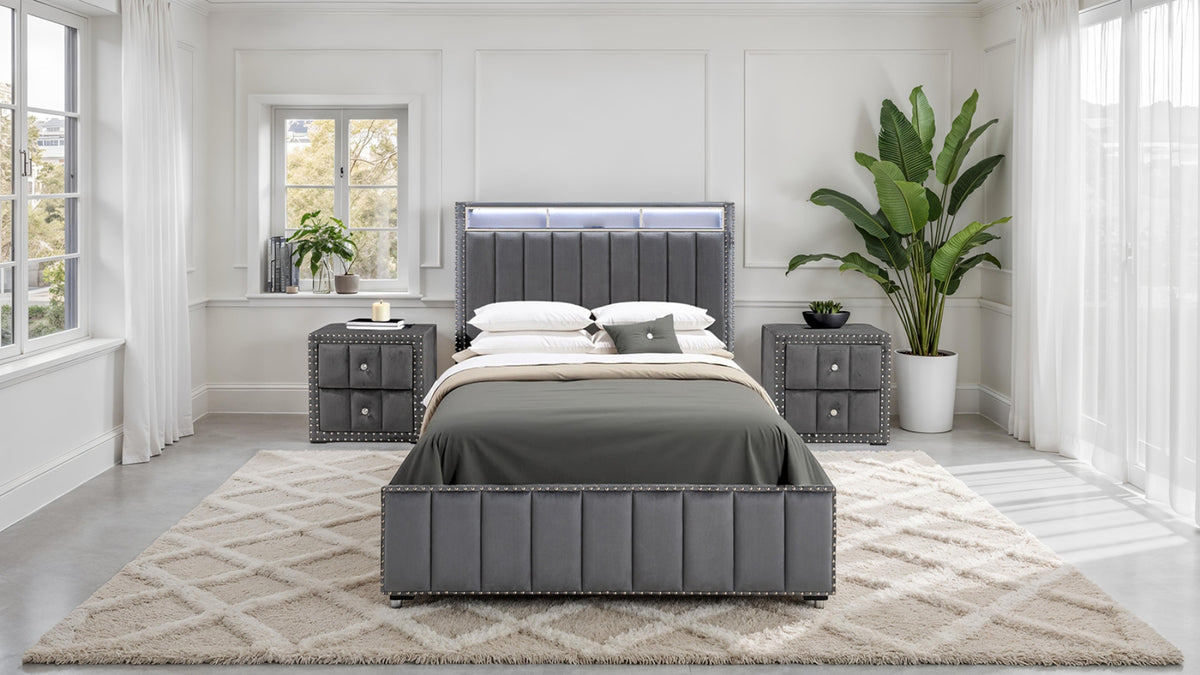 Contemporary 3pc Bedroom Set Full Size Bed 2x Nightstands Bedroom Furniture Dark Gray Fabric Upholstered Bedframe w LED Nailhead Trim