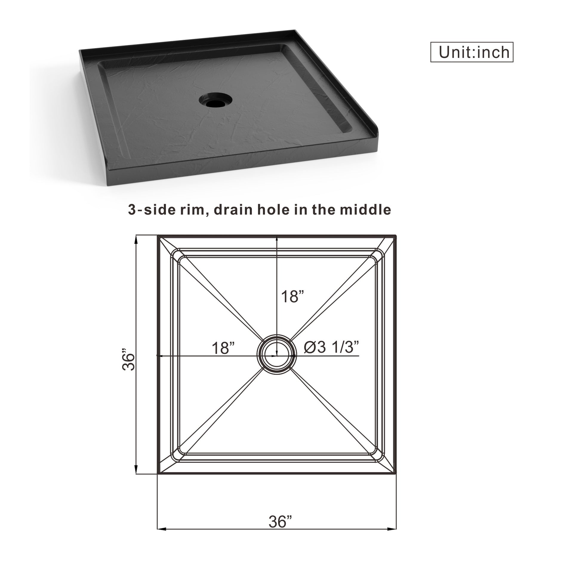 Goodyo 36"x36" Shower Base 3.5" Height Anti-slip Acrylic Center Drain Single Threshold Shower Base in Slate Black