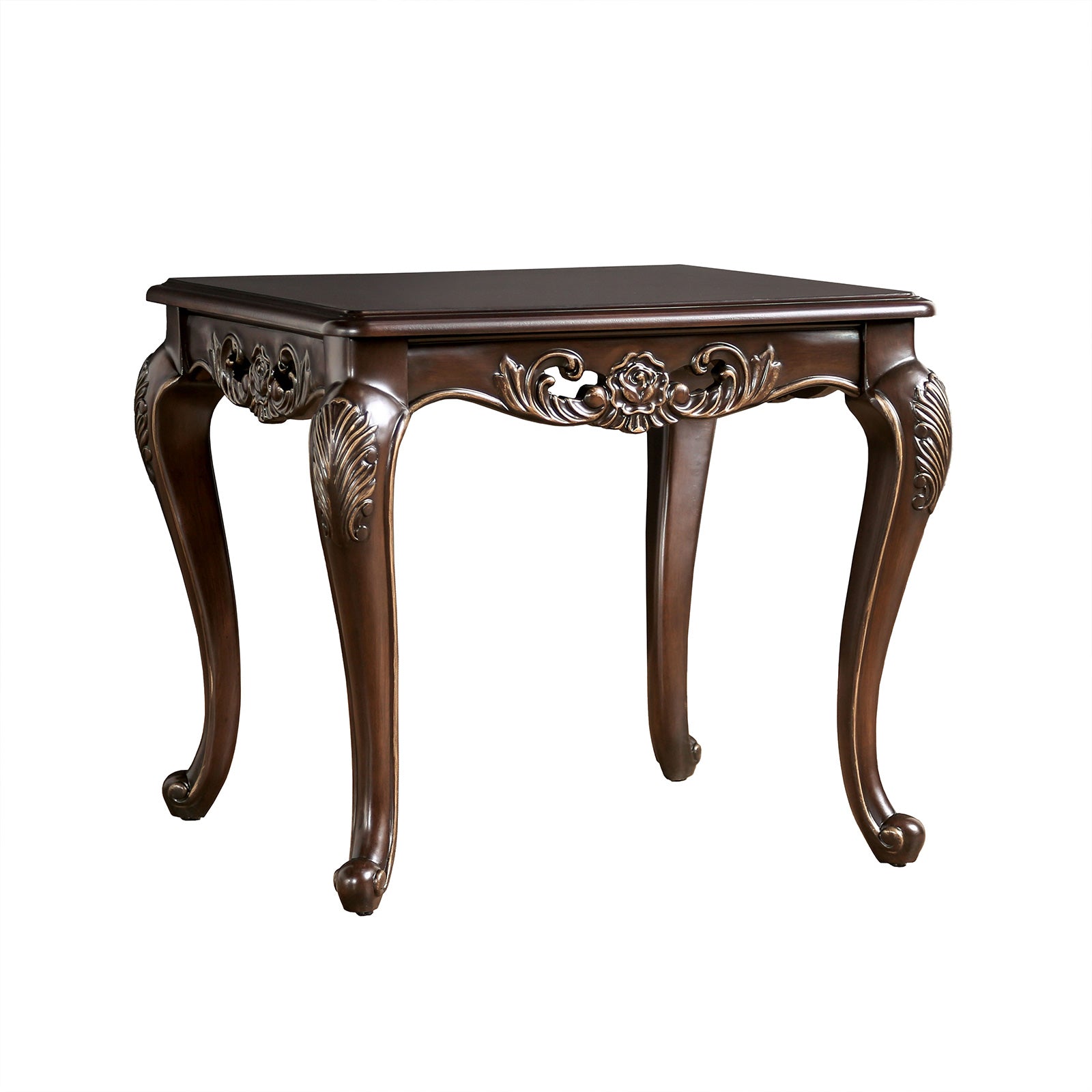 Traditional Style End Table Solid Wood Structure Curved Legs With Carved Detail Design Java Finish