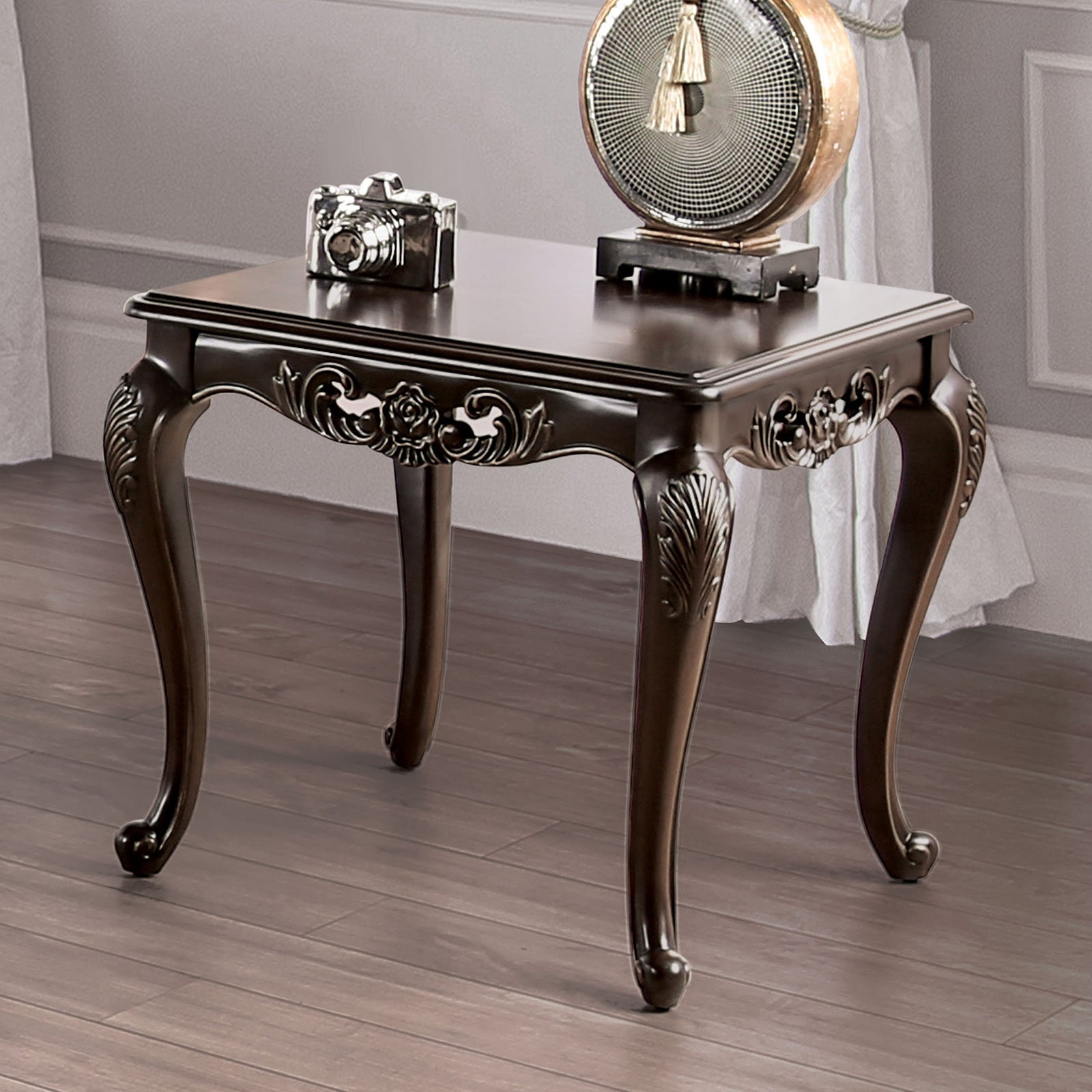 Traditional Style End Table Solid Wood Structure Curved Legs With Carved Detail Design Java Finish