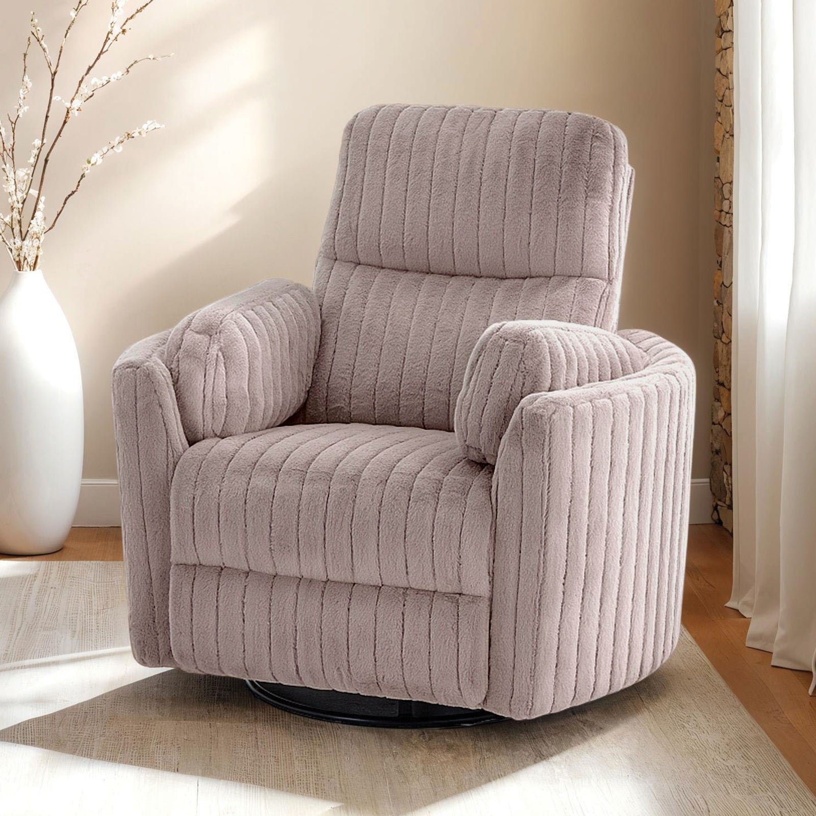 Taupe Finish Power Glider Recliner w/ Swivel Curved Arms Pillow Fill Swivel Chair Contemporary Primary Living Room